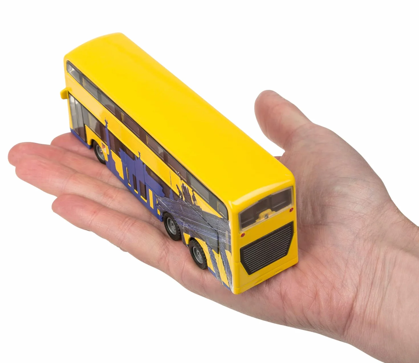 Idena 40107 - model autobusu berlińskiego dwupokładowego, z silnikiem cofania, ok. 18,5 x 13,5 x 4,5 cm, żółty, jako zabawka, typowy pamiątka lub popularny przedmiot kolekcjonerski