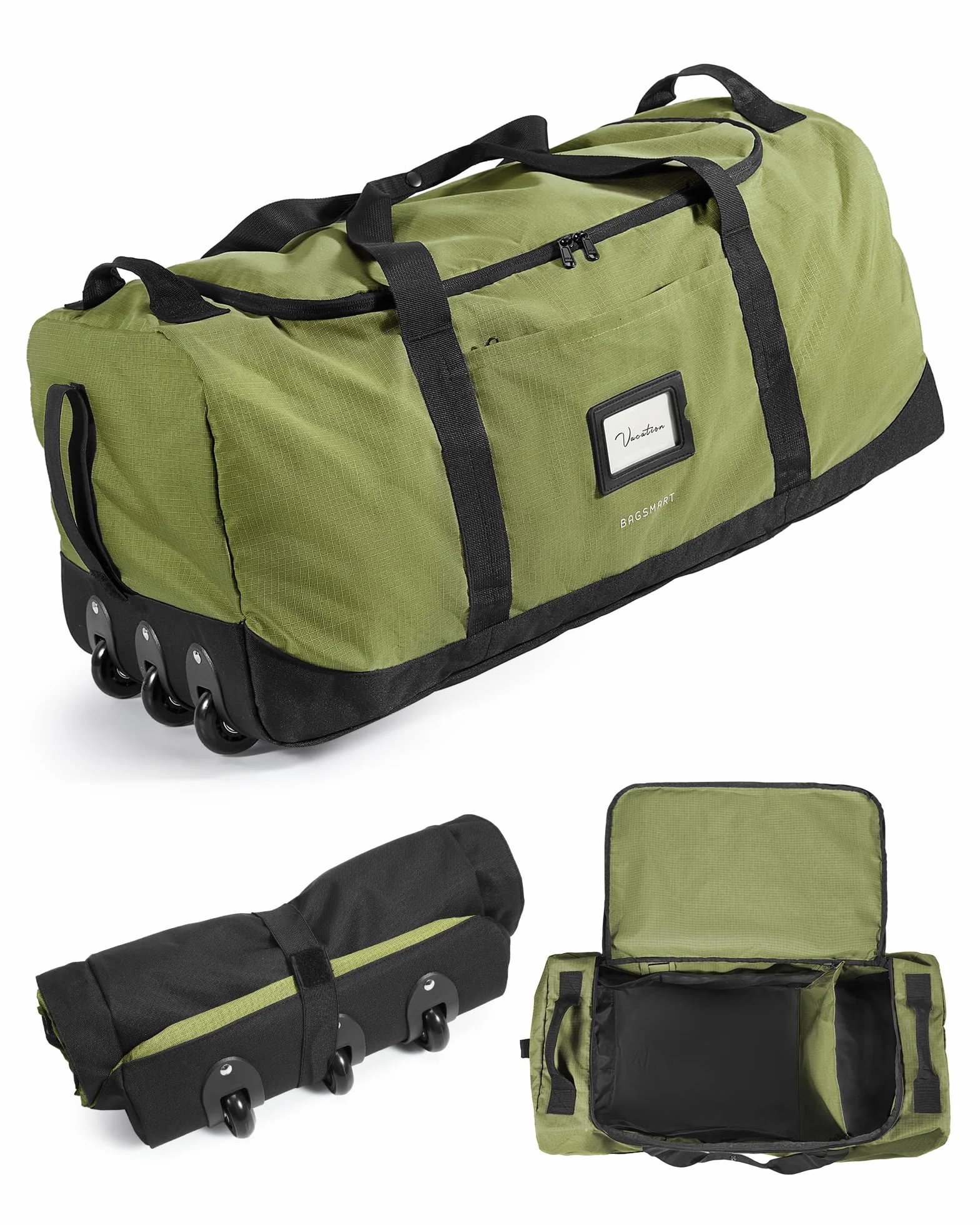 BAGSMART Składana torba podróżna na kółkach, 80 l, lekka torba sportowa, 3 rolki, duża torba podróżna dla mężczyzn i kobiet, może być zwinięta i przechowywana, zieleń wodorostów