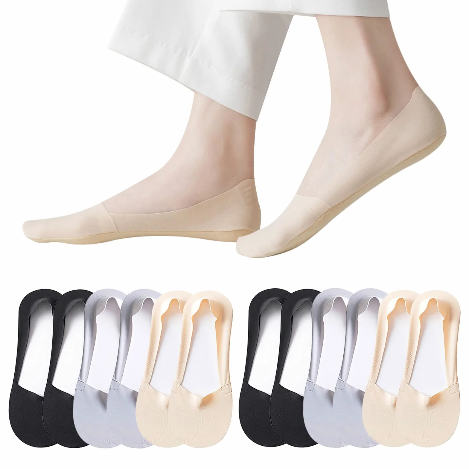Caudblor 6 par niewidocznych antypoślizgowych damskich krótkich skarpet Low Cut Liners & Ankle Socks Black Gray Nude 4-6 6-8, wielobarwny, 38.5-40.5 EU