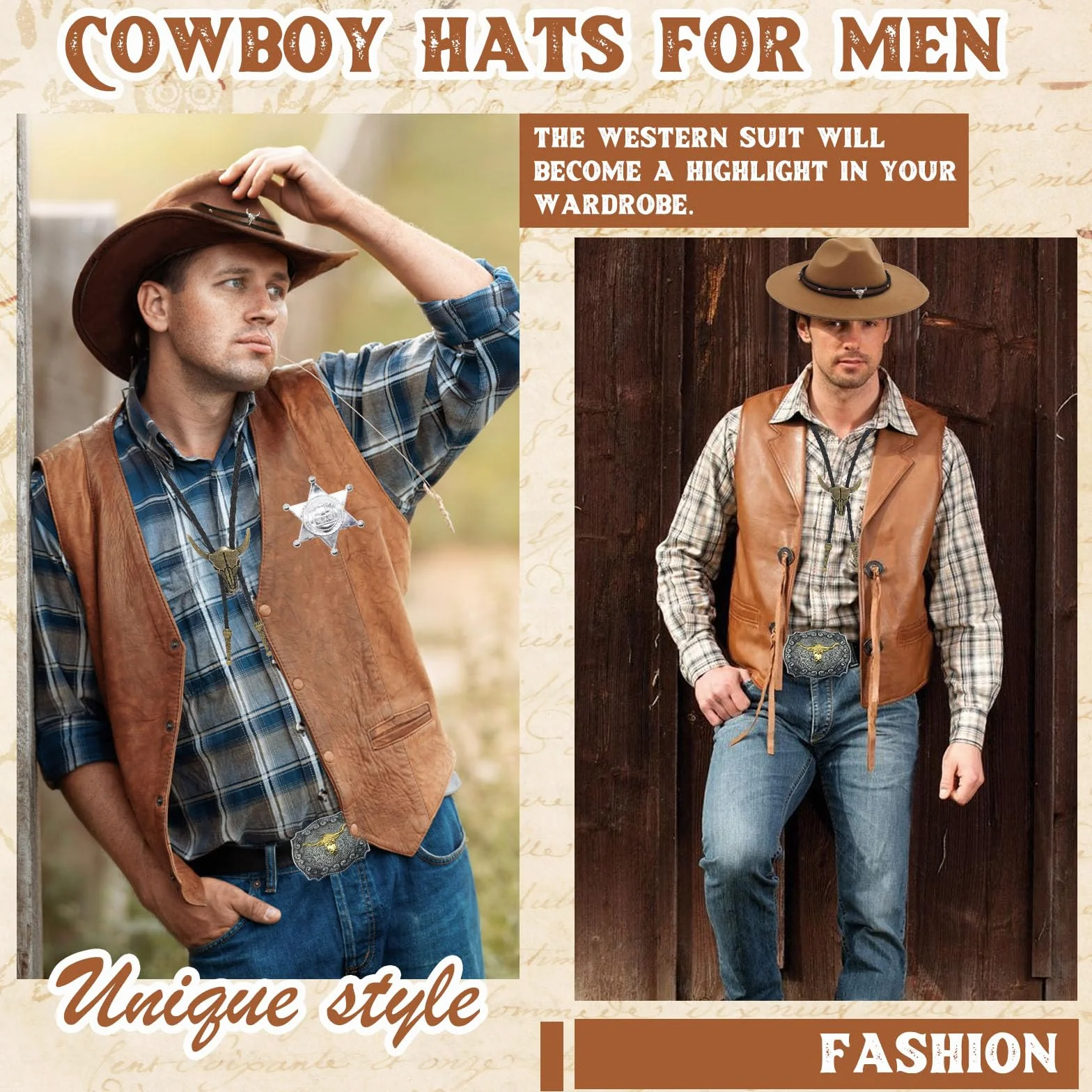 8-częściowy zestaw akcesoriów do kostiumu kowbojskiego, luksusowy zestaw do strojów western z brązowym kapeluszem, paisley bandana, pokrowcem na pistolet, paskiem, sprzączką do bolo
