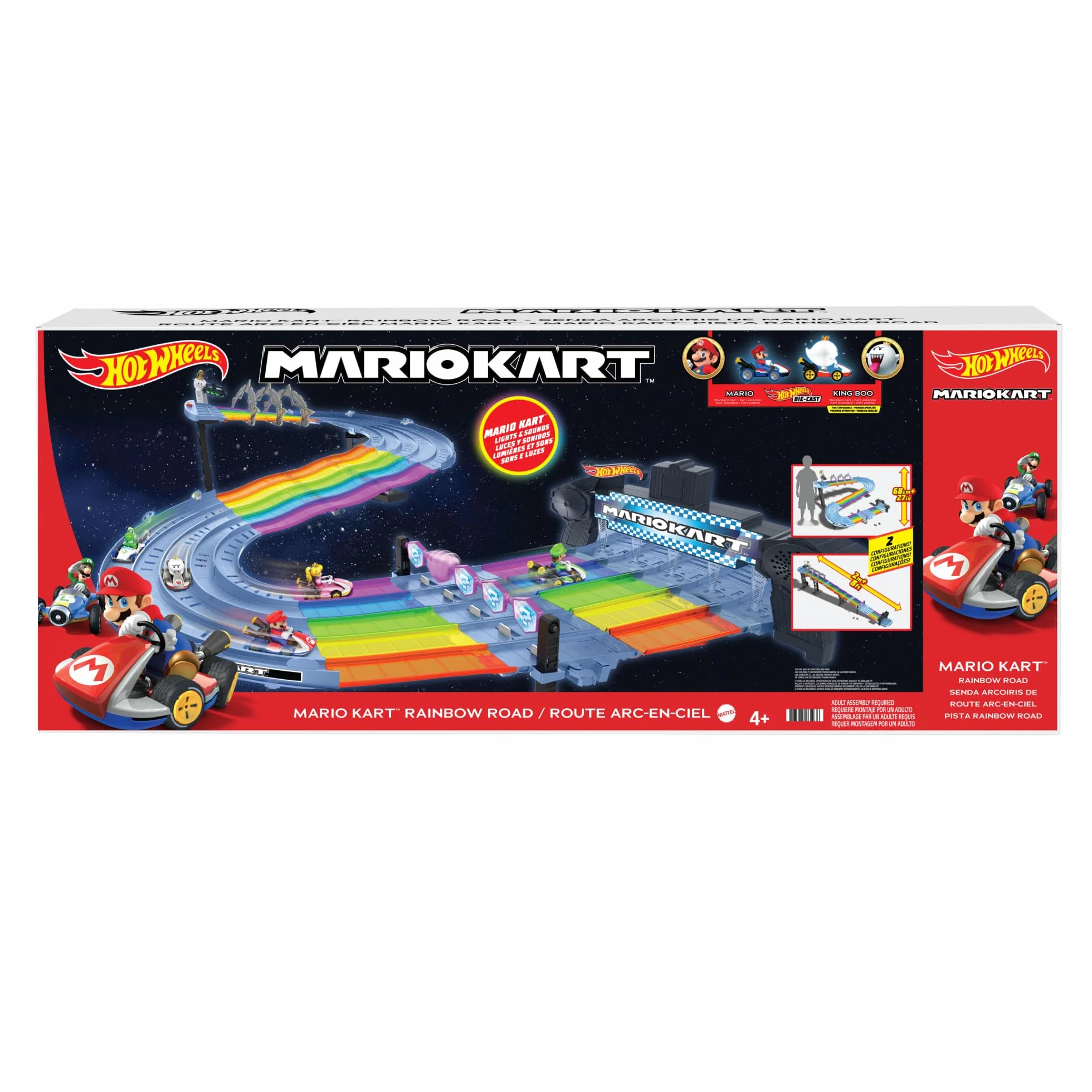 Hot Wheels Gxx41 - Tor Wyścigowy Mario Kart Rainbow Boulevard Z 2 Opcjami Montażu, Zestaw Torów O Długości 2,5 Metra, 2 pojazdy W Skali 1:64, Tor Wyścigowy Samochodzików od 4 Lat