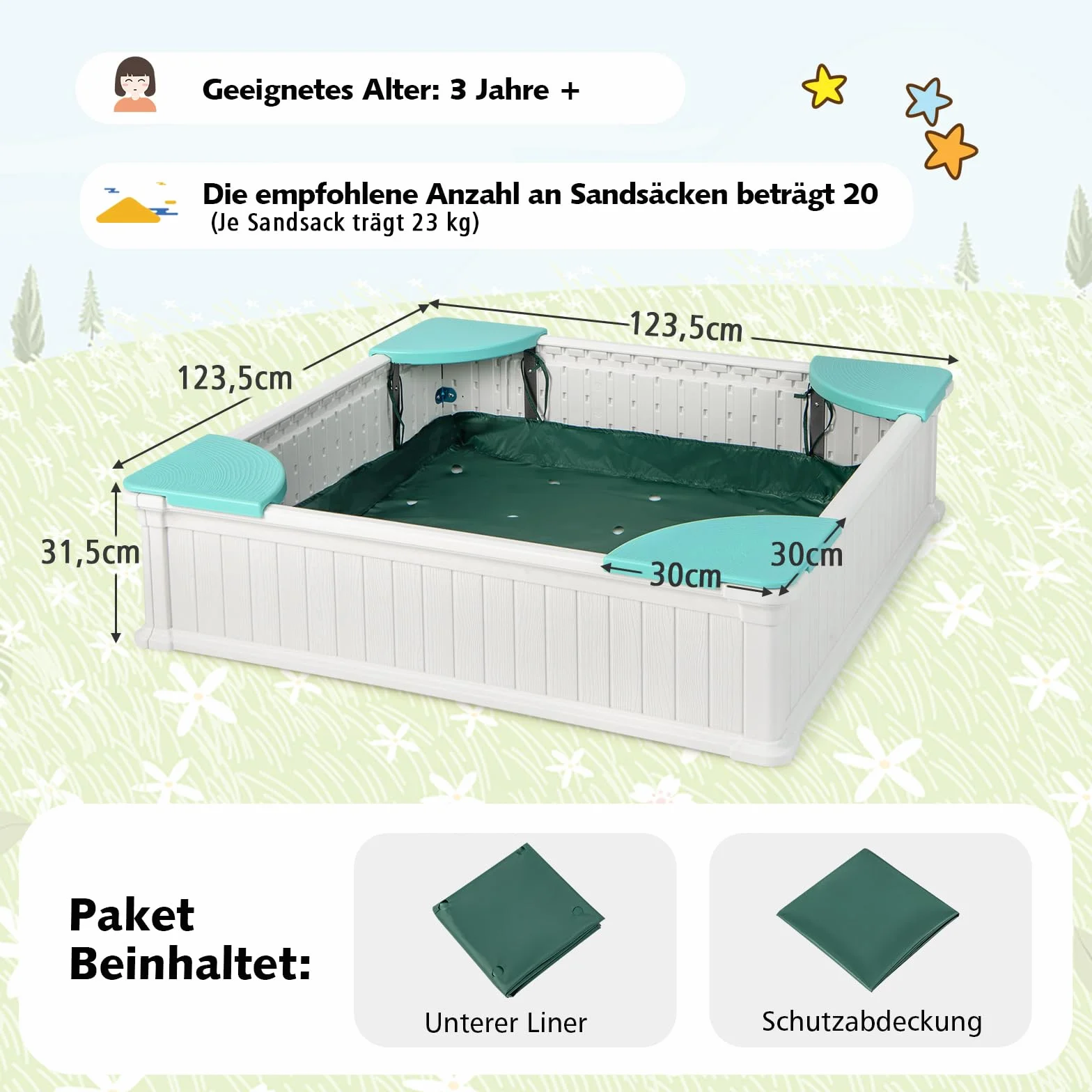 COSTWAY Piaskownica dziecięca z drewna, piaskownica 123,5 x 123,5 x 31,5 cm z 4 wbudowanymi siedzeniami, kwadratowa piaskownica HDPE do ogrodu, na trawnik (biała)