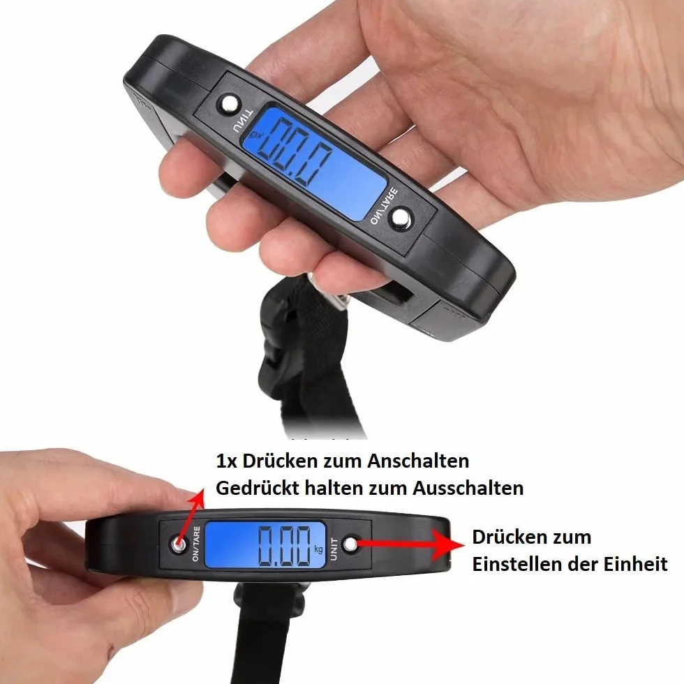 Cyfrowa waga walizkowa z wyświetlaczem LCD, pojemność 50 kg, funkcja Tara, podświetlenie, kolor czarny