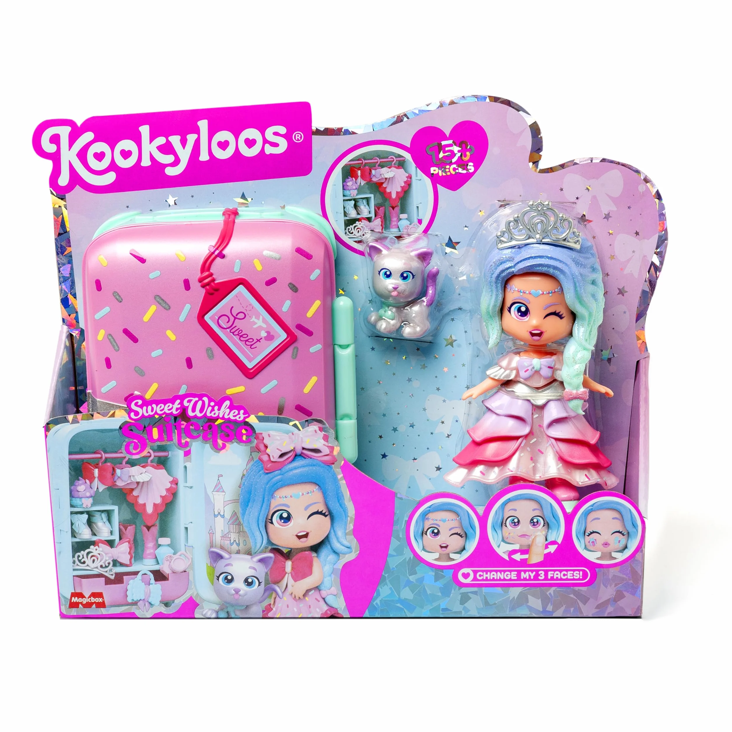 KOOKYLOOS SUITCASE SWEET WISHES – zestaw modna laleczka z walizką i akcesoriami,zawartość:1 laleczka, 2 stroje, zwierzątko, akcesoria, wieszaki oraz walizka, w której zmieścisz cały zestaw.