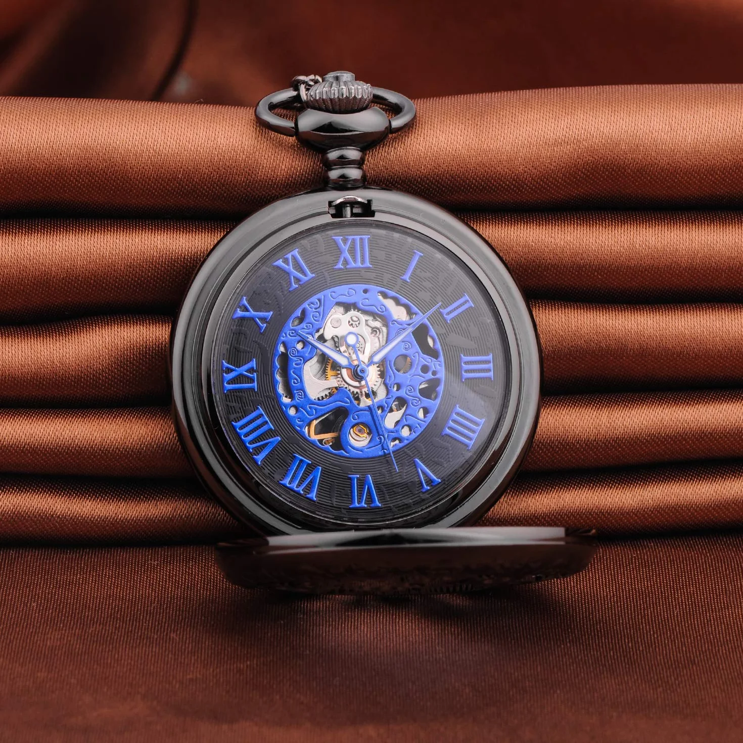 Unendlich U Męski zegarek kieszonkowy z cyframi rzymskimi, z łańcuszkiem, analogowy, ręcznie nakręcany, uniseks, retro, steampunk, mechaniczny, zegarek na łańcuszku, czarny
