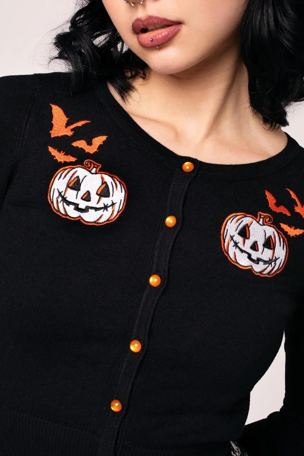 Hell Bunny Wydrążony kardigan - gotycka dzianina halloweenowa z motywem dyni i nietoperzy
