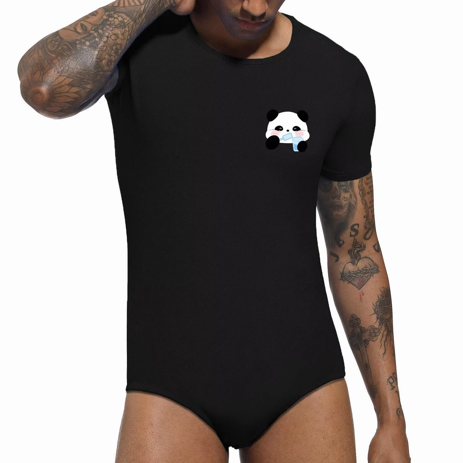 Landofgenie Body Męski Bodysuit dla Dorosłych Piżama z Guzikami Snap w Kroczu Krótki Rękaw Drukowany Onesie