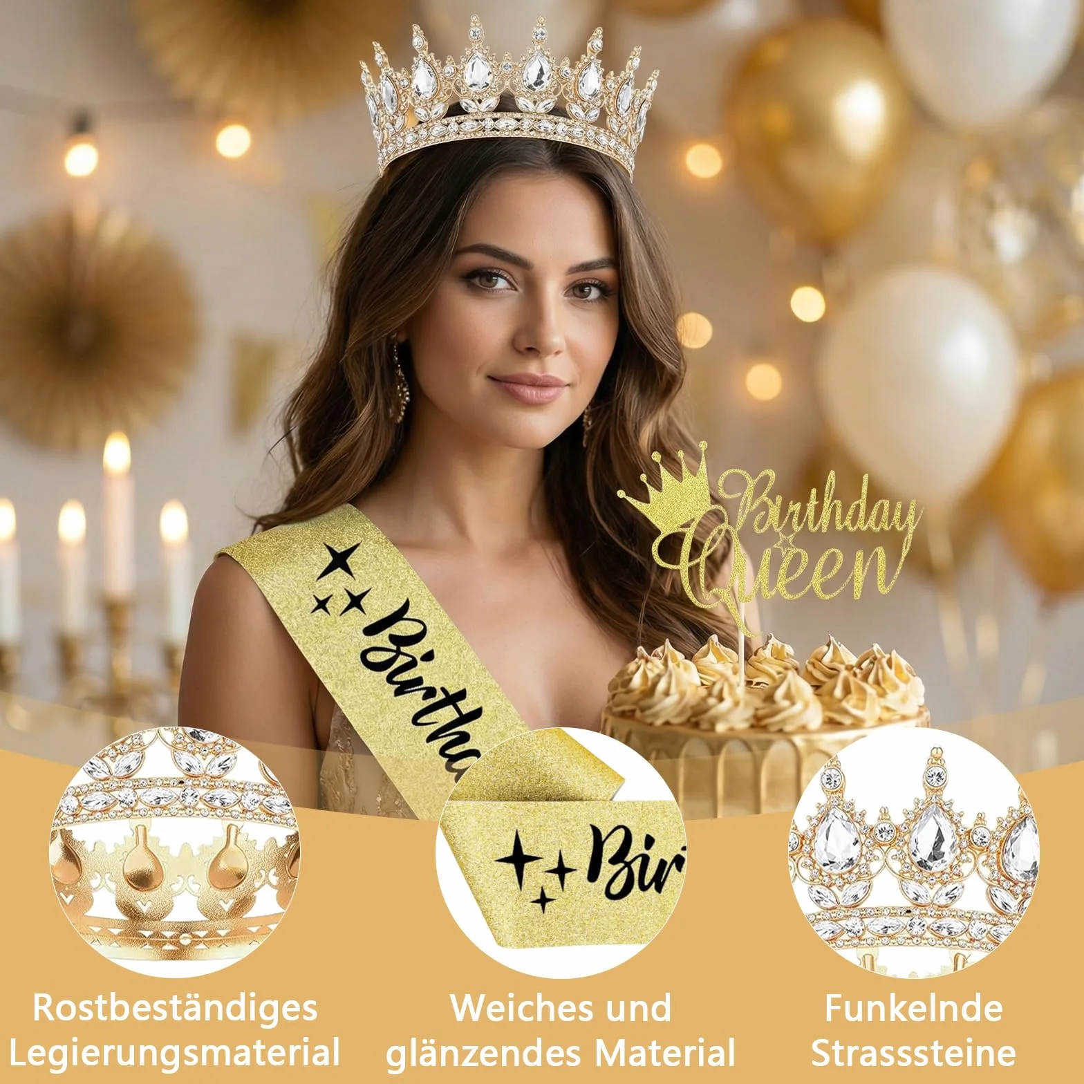 Złota korona urodzinowa dla dorosłych, zestaw z szarfą urodzinową Queen i topperem na tort, diadem, złota korona królowa, na 30 urodziny, dla kobiet, na imprezę i wesele