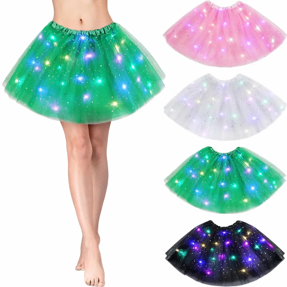 Spódnica tutu, LED, dla dorosłych, nastolatek, na bal przebierańców, karnawał, imprezę tematyczną, balet, kostium na Halloween, 40 cm, zielona, 40