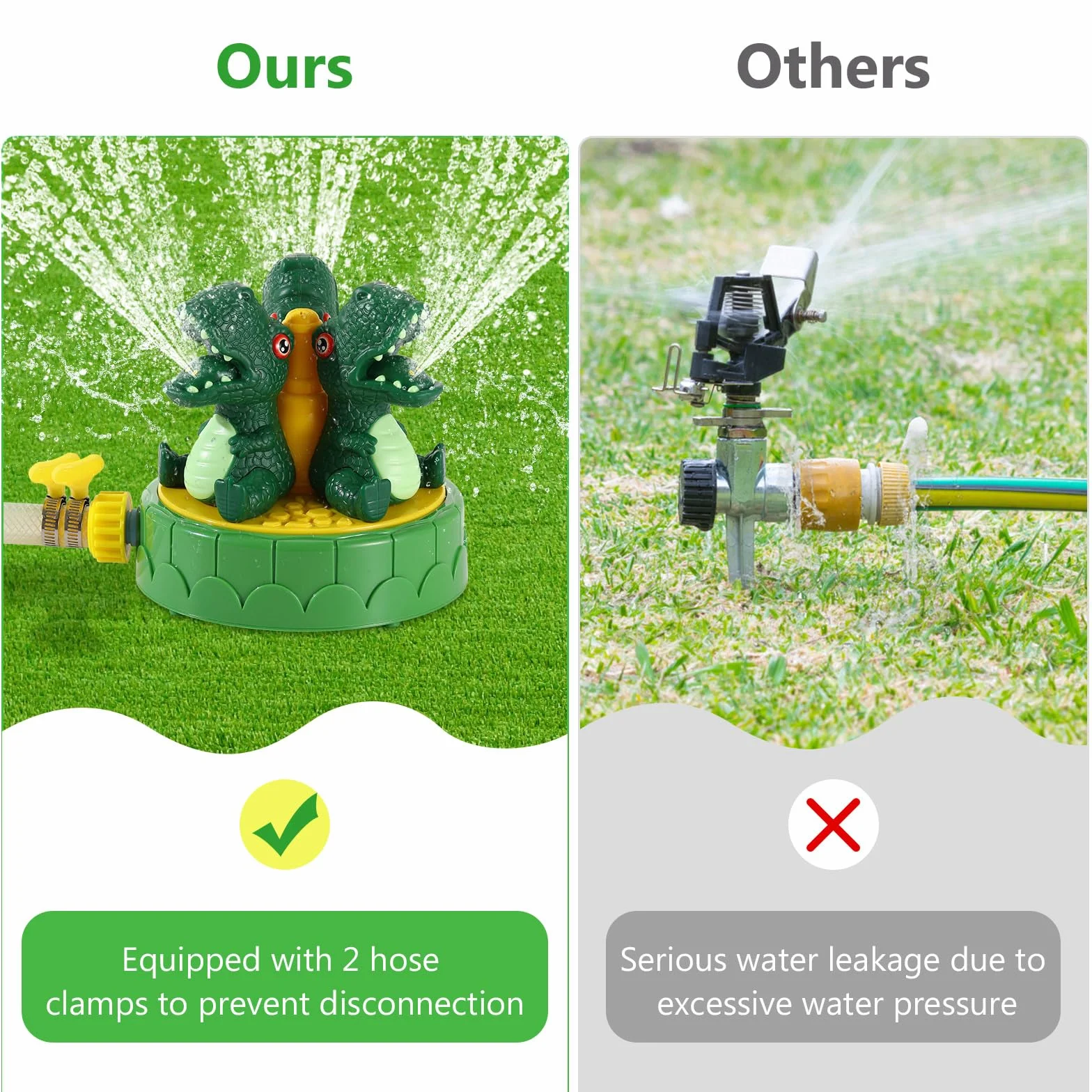 MoKo Dinosaur Sprinkler for Kids-Cute Outdoor Water Toy Spray Swimming Pool Toy with 2 Hose Clamps 3 Nozzles Fun Summer Play Water Toys for Backyard Lawn Garden Game Activities Pet Boys Girls, Green