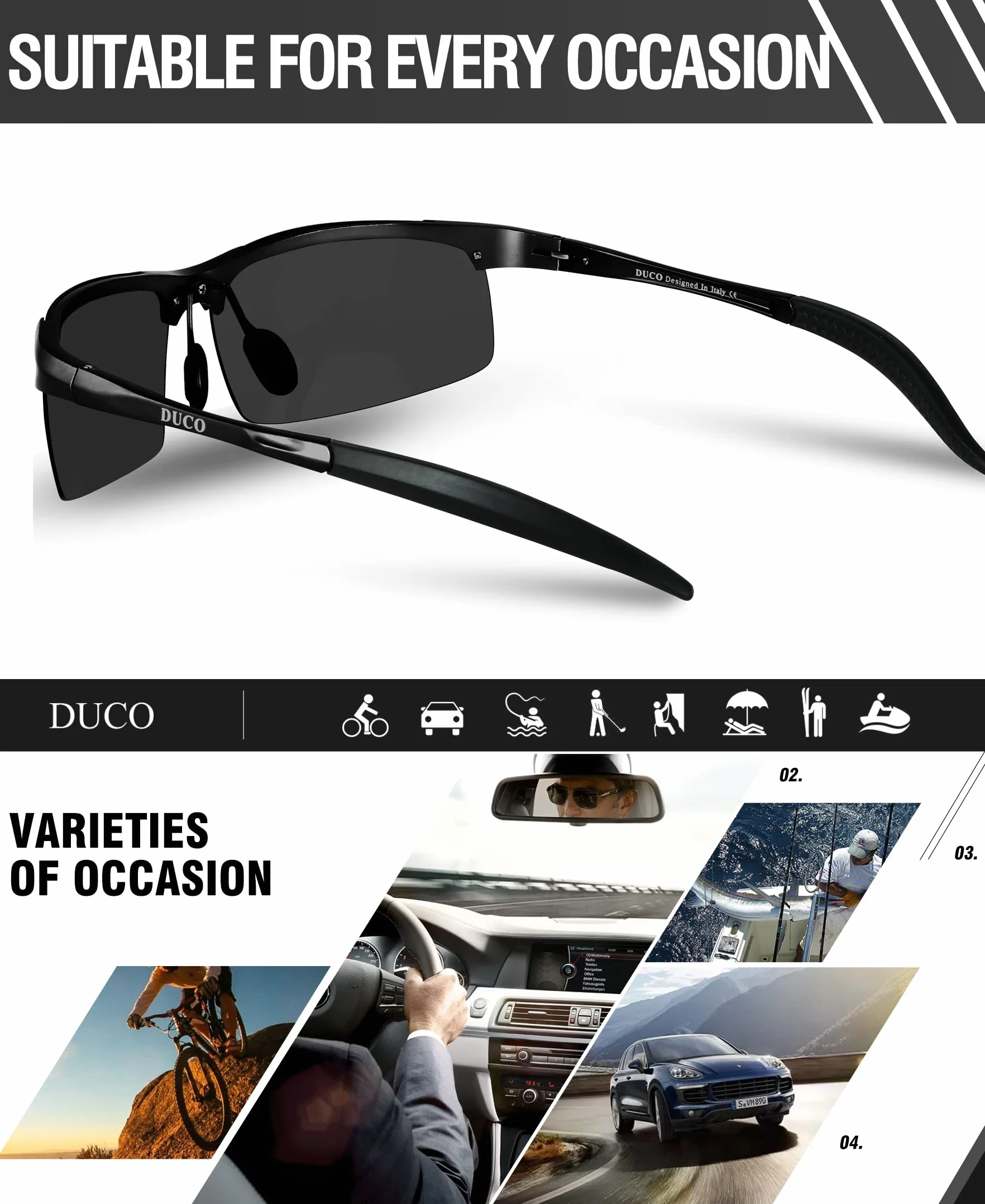 DUCO Męskie okulary sportowe, polaryzacyjne, okulary przeciwsłoneczne, ultralekkie, metalowe oprawki ze stopu aluminium i magnezu, ochrona UV400, męskie okulary przeciwsłoneczne 8177S