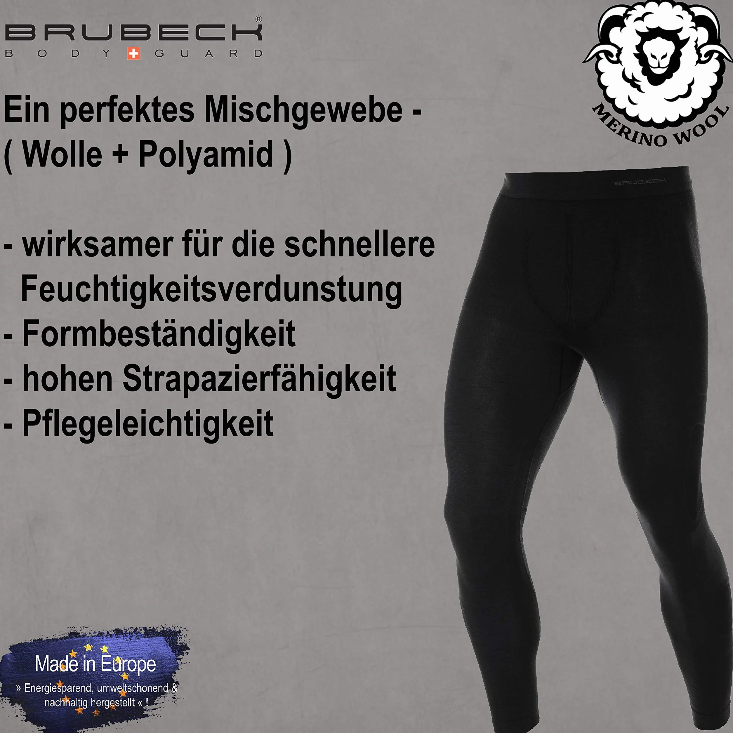 BRUBECK Męskie spodnie funkcyjne długie | legginsy funkcyjne oddychające | bielizna funkcyjna | bezszwowe spodnie Base Layer | 41% wełna merynosowa | LE10930