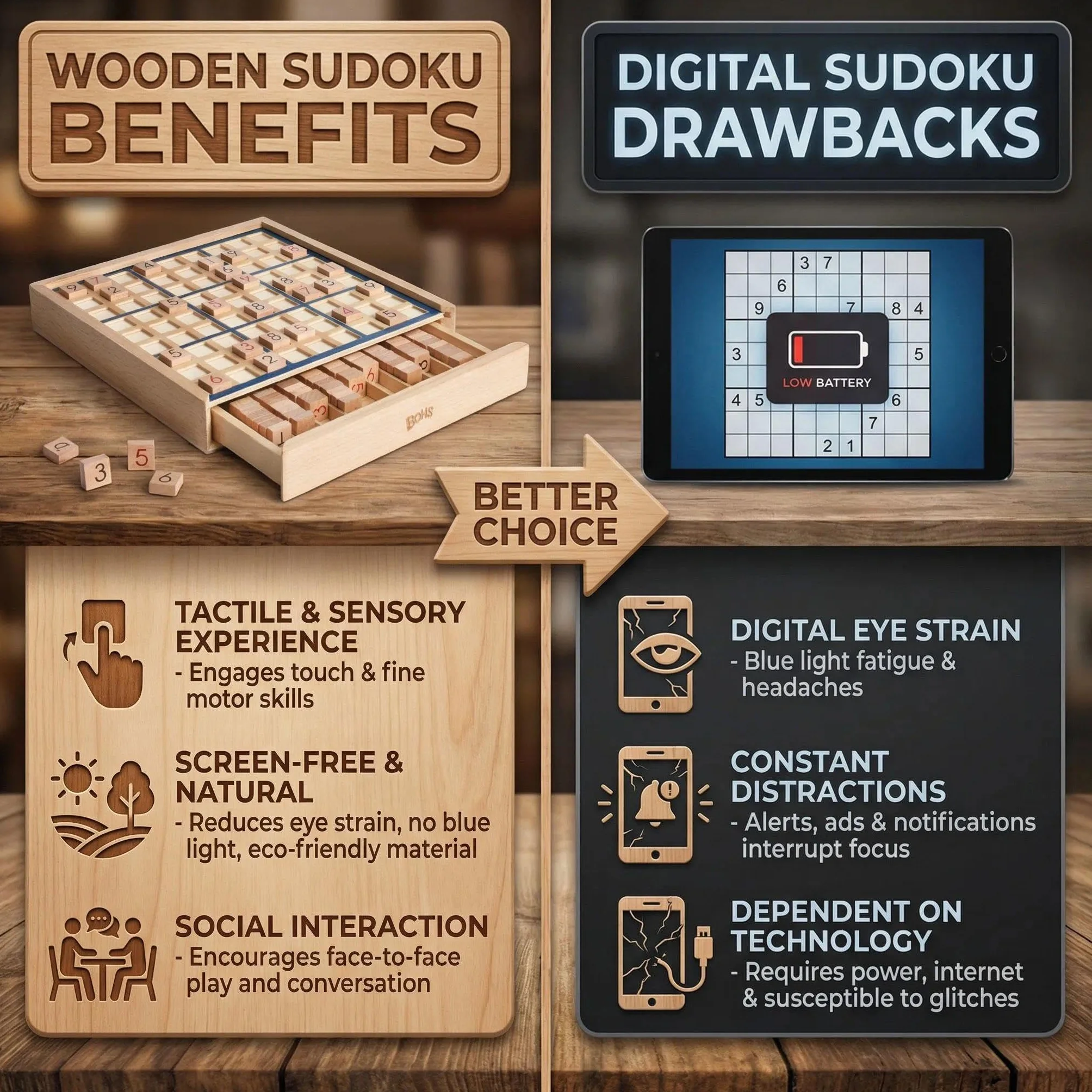 BOHS Gioco da Tavolo in Legno Sudoku con cassetto - con Il Libro di 100 Puzzle di Sudoku - Math Desktop Rompicapo Giocattoli da Tavolo