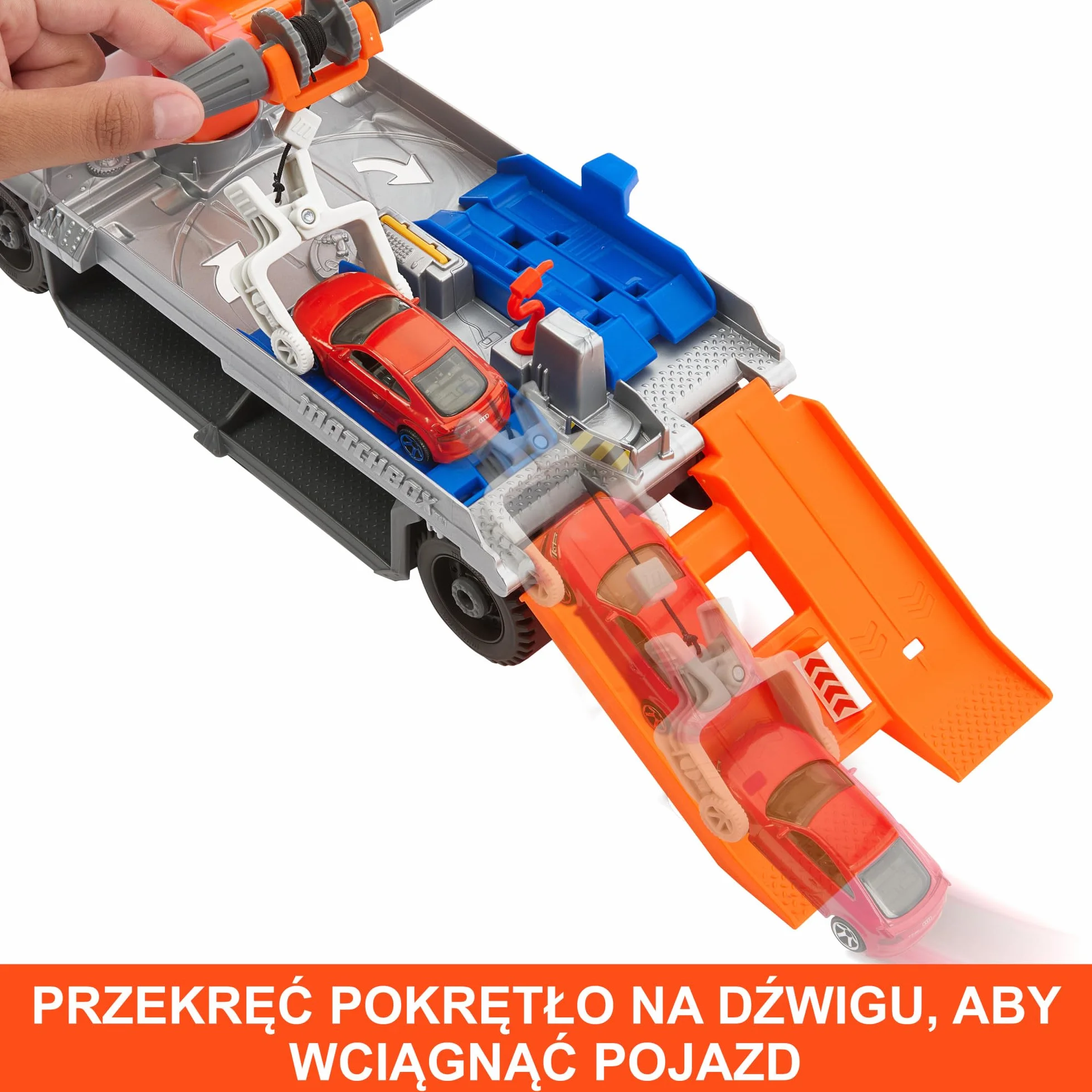Matchbox Prawdziwe Przygody Laweta Pomoc drogowa Zestaw z ciężarówką z warsztatem oraz samochodzikiem Audi TT RS Coupe w skali 1:64, HRY43