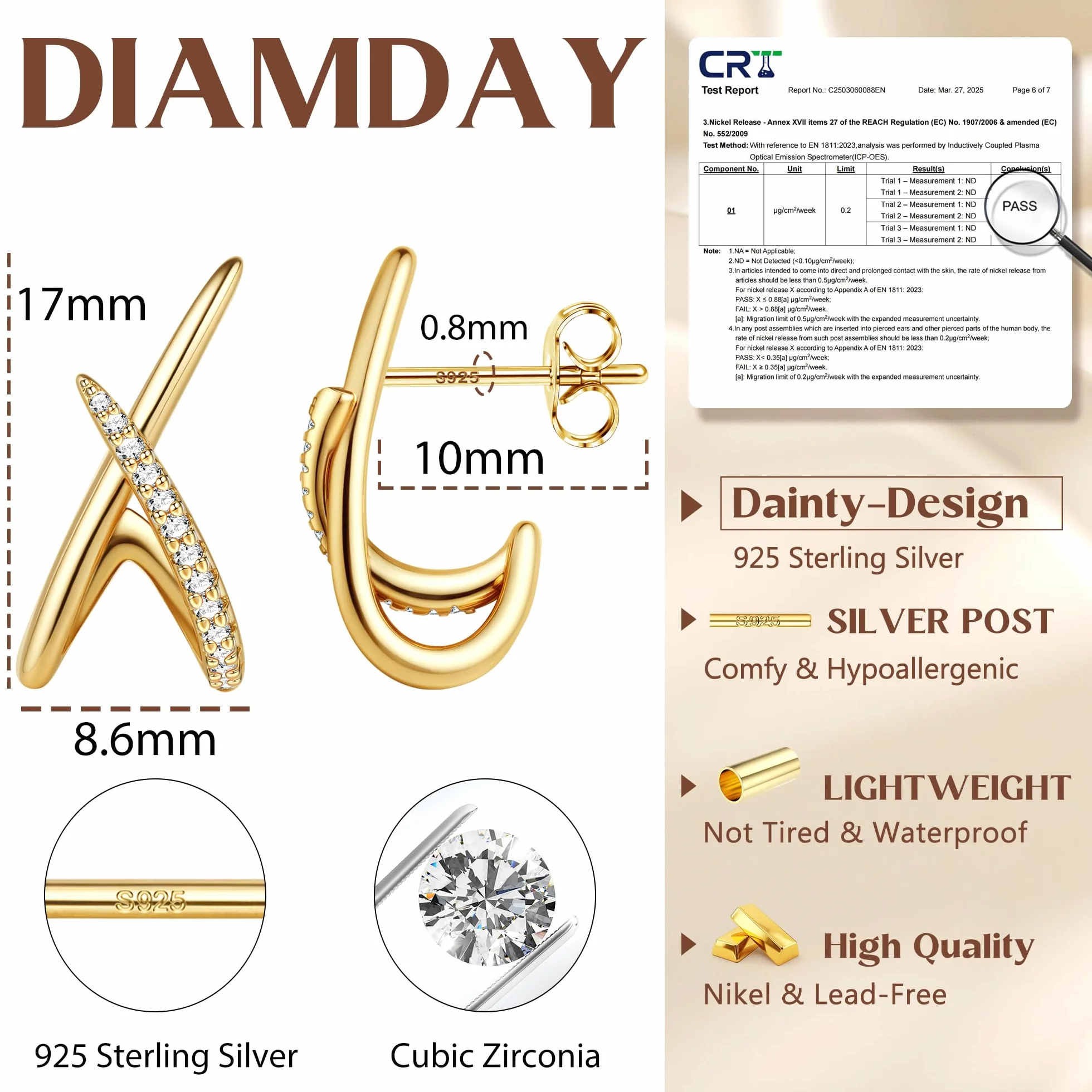 Diamday Kolczyki na sztyfcie ze srebra próby 925, srebro próby 925, małe kolczyki w kształcie litery X, hipoalergiczne minimalistyczne kolczyki, biżuteria, prezent