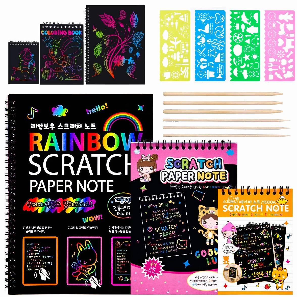 MELLIEX Scratch Art Notes for Bambini, Set di 3 Blocco da Disegno Arcobaleno Scratch Paper Con 6 Penne Stilografiche in Legno e 4 Righelli Da Disegno dla Disegni, Giochi e Scrittura