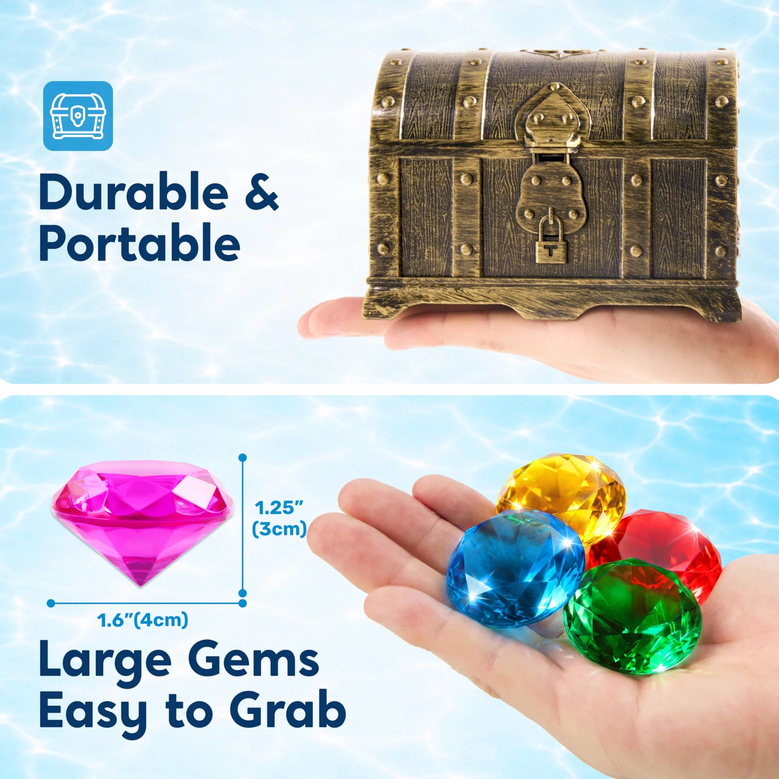 Sloosh Juguetes de piscina Diving Gems, 16 dużych kolorów diamentów Con cofre Del tesoro Pirata, juguete de buceo Para niños Con gemas submarinas, Regalo de entrenamiento de natación.