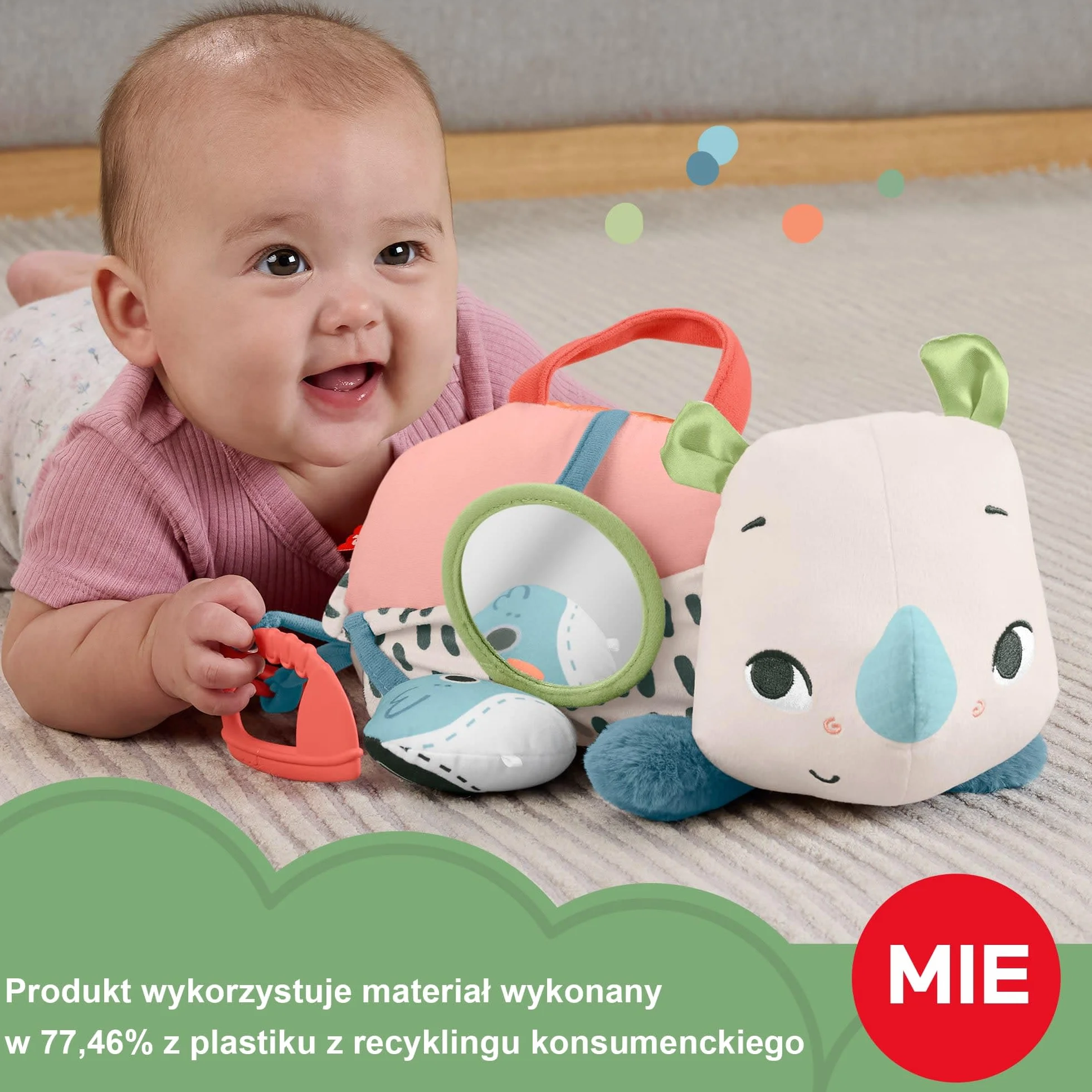 Fisher-Price Planet Friends Nosorożec aktywizujący Miękka zabawka sensoryczna do zabawy na brzuszku dla dzieci od narodzin, HYR55