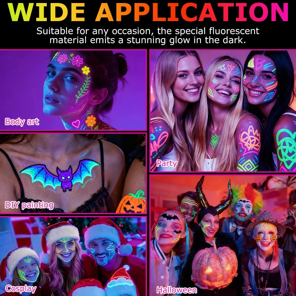 AOOWU Fluorescencyjne kredki do makijażu twarzy i ciała, 10 kolorów, zmywalne, neonowe, kolorowe, neonowe kolory, naturalne i bezpieczne, imprezy, makijaż, Halloween, karnawał