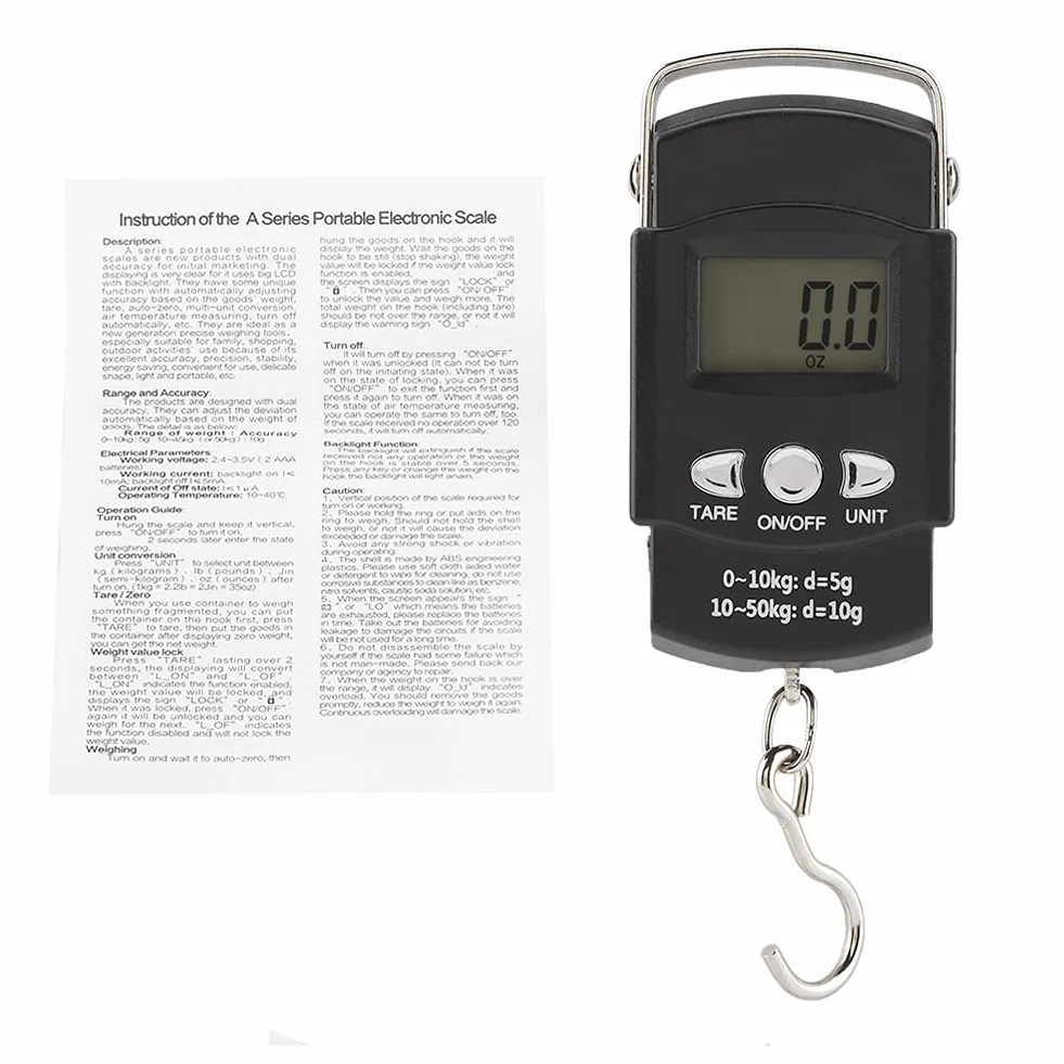 50KG/10G Waga Rybna, Elektroniczna Waga z Taśmą Mmeasure Przenośna Elektroniczna Cyfrowa Waga LCD z Hakiem na Taśmę Mierniczą do Torby na Sprzęt, Bagażu, Bagażu