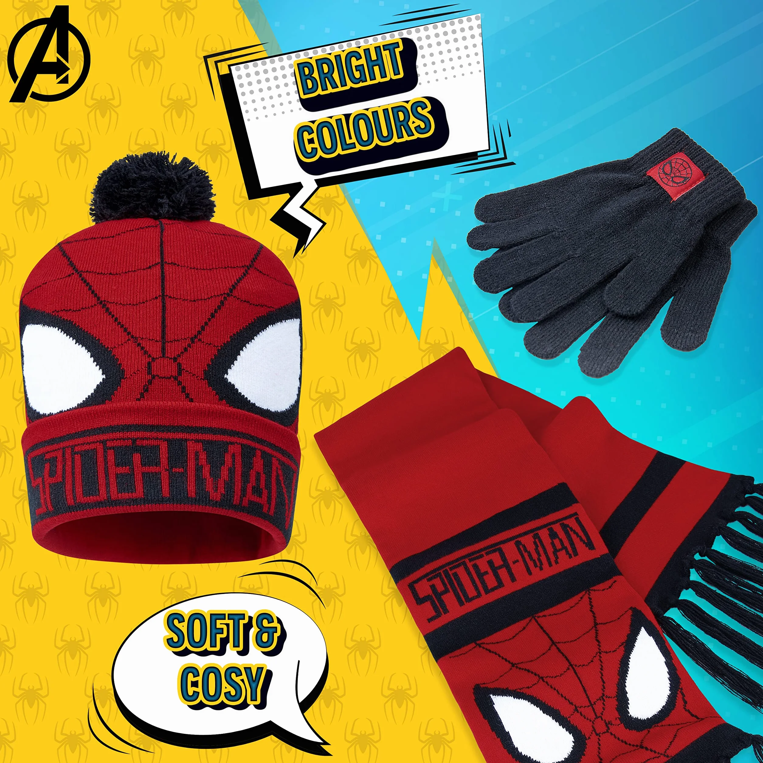 Marvel Beanie Zestaw Czapka, Szalik i Rękawiczki dla Dzieci- Avengers 2 lub 3 Częściowy Zestaw Zimowy - Prezenty Spiderman dla Chłopców