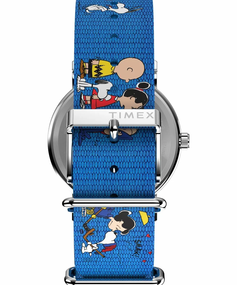 Timex Peanuts Tw2W19400 Zegarek Damski, 38 mm, Brązowy Pasek z Tkaniny, Biała Tarcza i Koperta w Odcieniu Srebra
