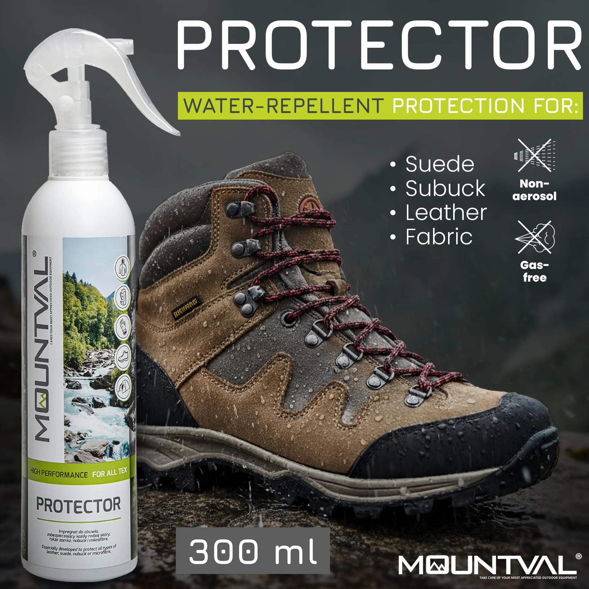 Mountval Środek impregnujący, protector, impregnowanie butów outdoorowych z tkaniny tekstylnej, nubuku, dzikiej i tradycyjnej skóry, odpowiedni do Gore-Tex, Przezroczysty i neutralny, 300.00 ml