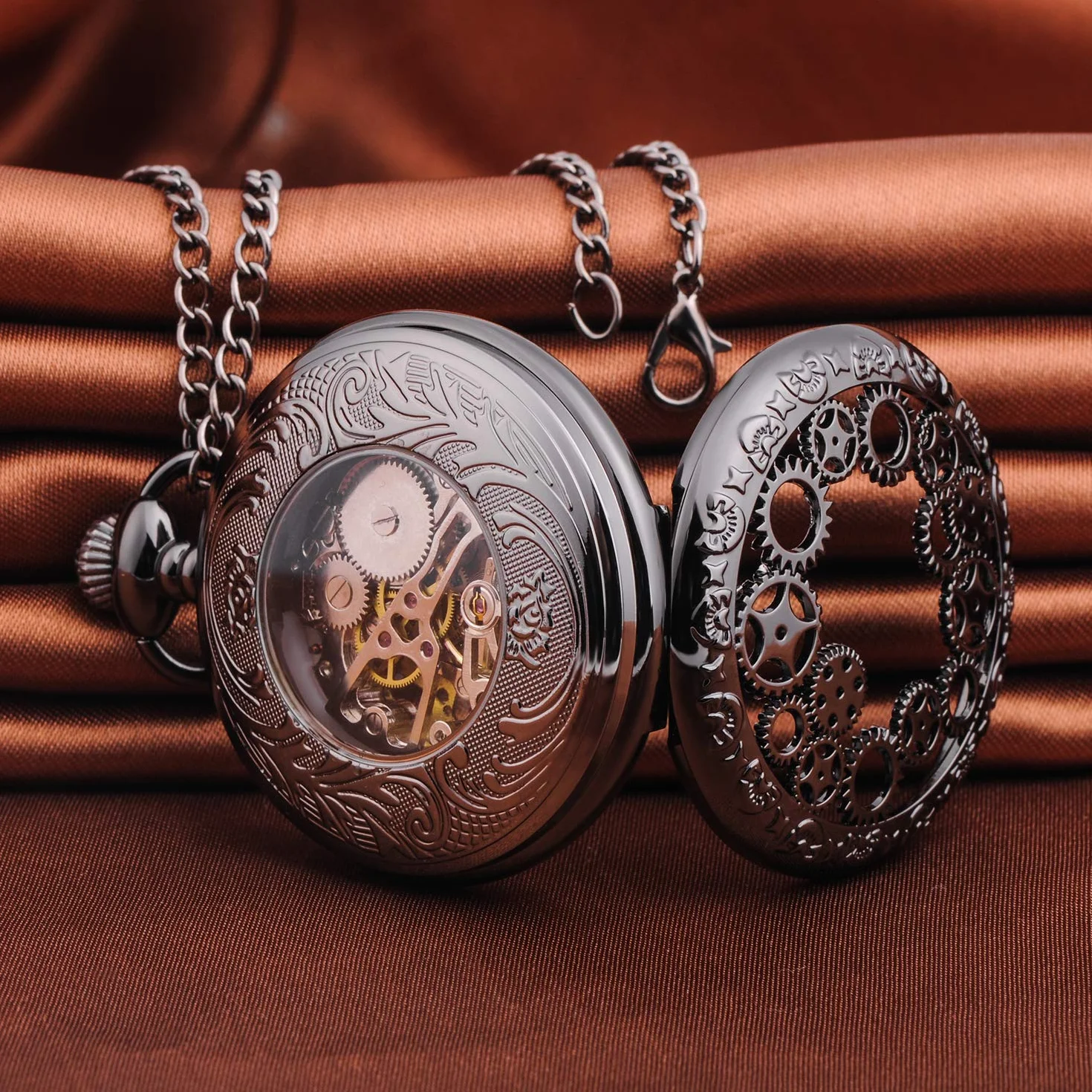 Unendlich U Męski zegarek kieszonkowy z cyframi rzymskimi, z łańcuszkiem, analogowy, ręcznie nakręcany, uniseks, retro, steampunk, mechaniczny, zegarek na łańcuszku, czarny