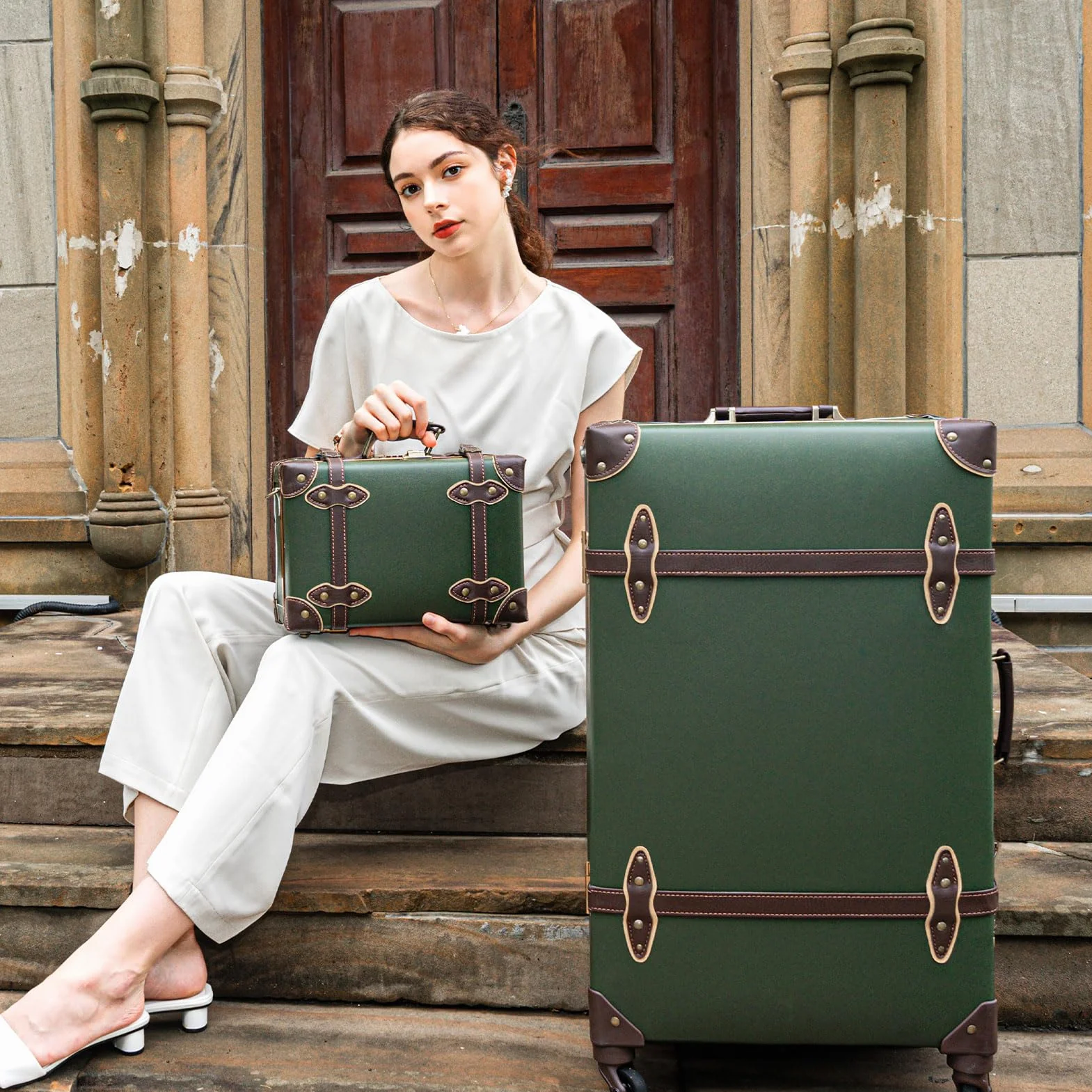 Urecity walizka Vintage na kółkach, walizka podróżna, lekka, retro, z twardą obudową, 2-częściowa z małym 12-calowym walizkiem, zielony, S(12")+M(20"), vintage