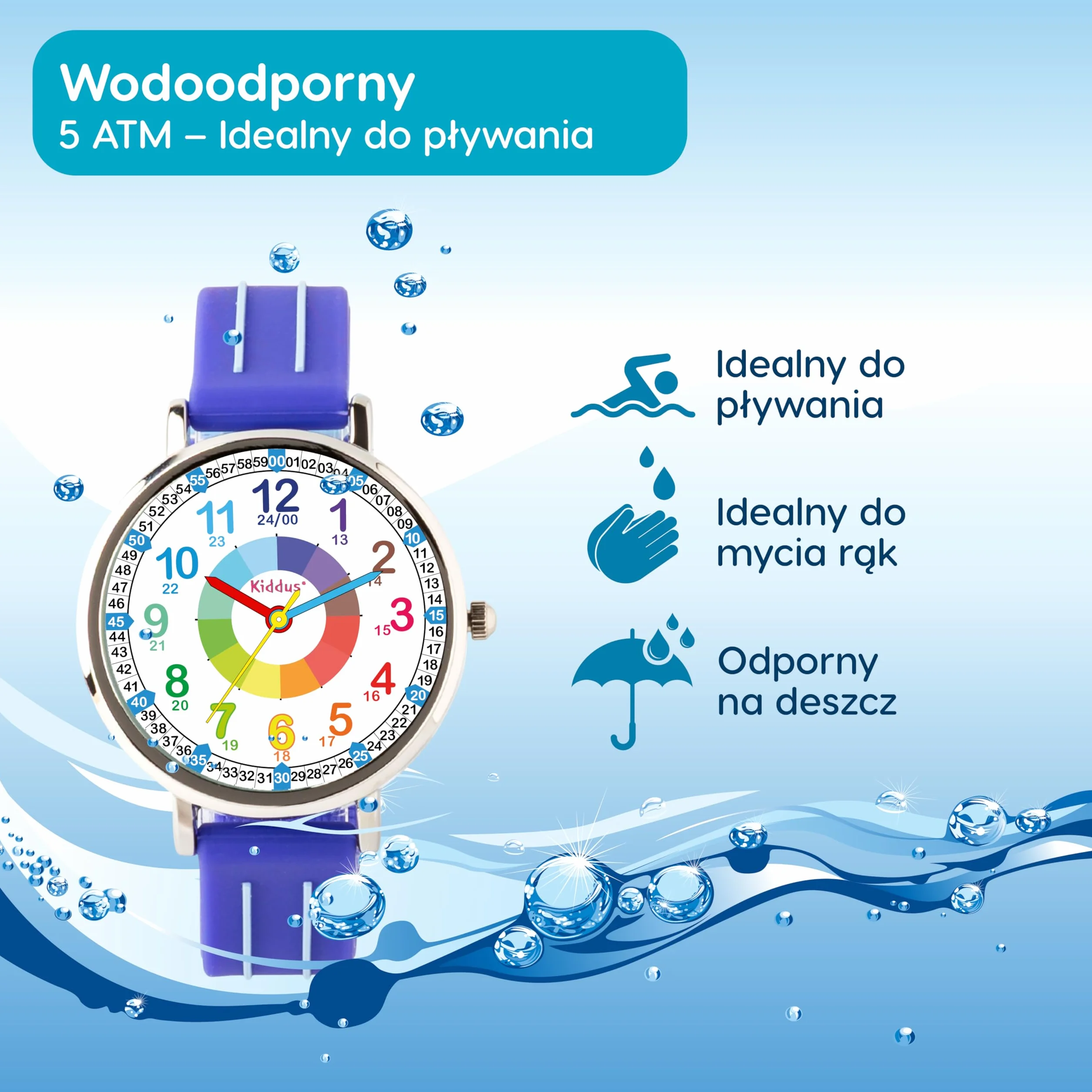 Kiddus Zegarek Edukacyjny Analogowy dla chłopca, dziewczynki. Naucz się Czytać Godzinę z naszym prostym systemem Time Teacher. Zawarte ćwiczenia. Mechanizm kwarcowy.