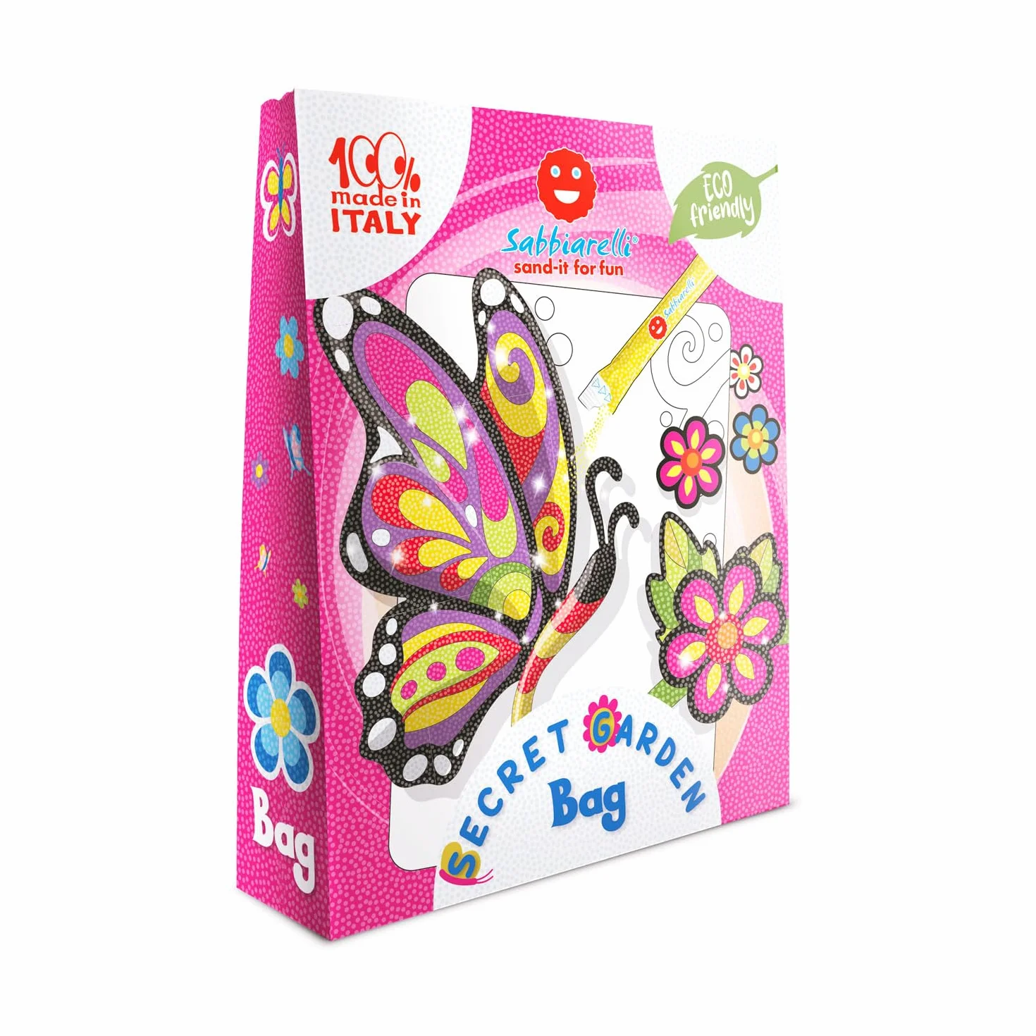 Sabbiarelli Sand-it For Fun – Bag Secret Garden | Mini Kit Sand Art z Kwiatem i Motylem 100% Made in Italy z Kolorowym Piaskiem i Rysunkami Samoprzylepnymi | Hobby 10+
