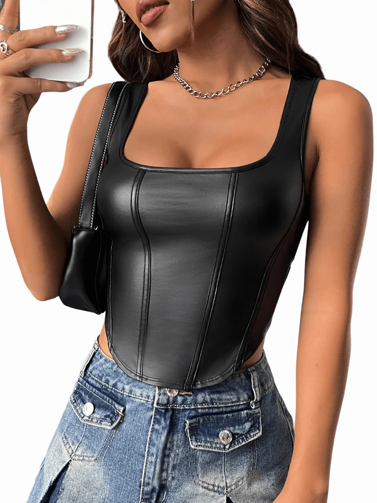 GORGLITTER Skórzany tank top damski Y2k Crop Top z prostokątnym wycięciem skóra PU top z odkrytym brzuchem seksowna skórzana odzież klubowa