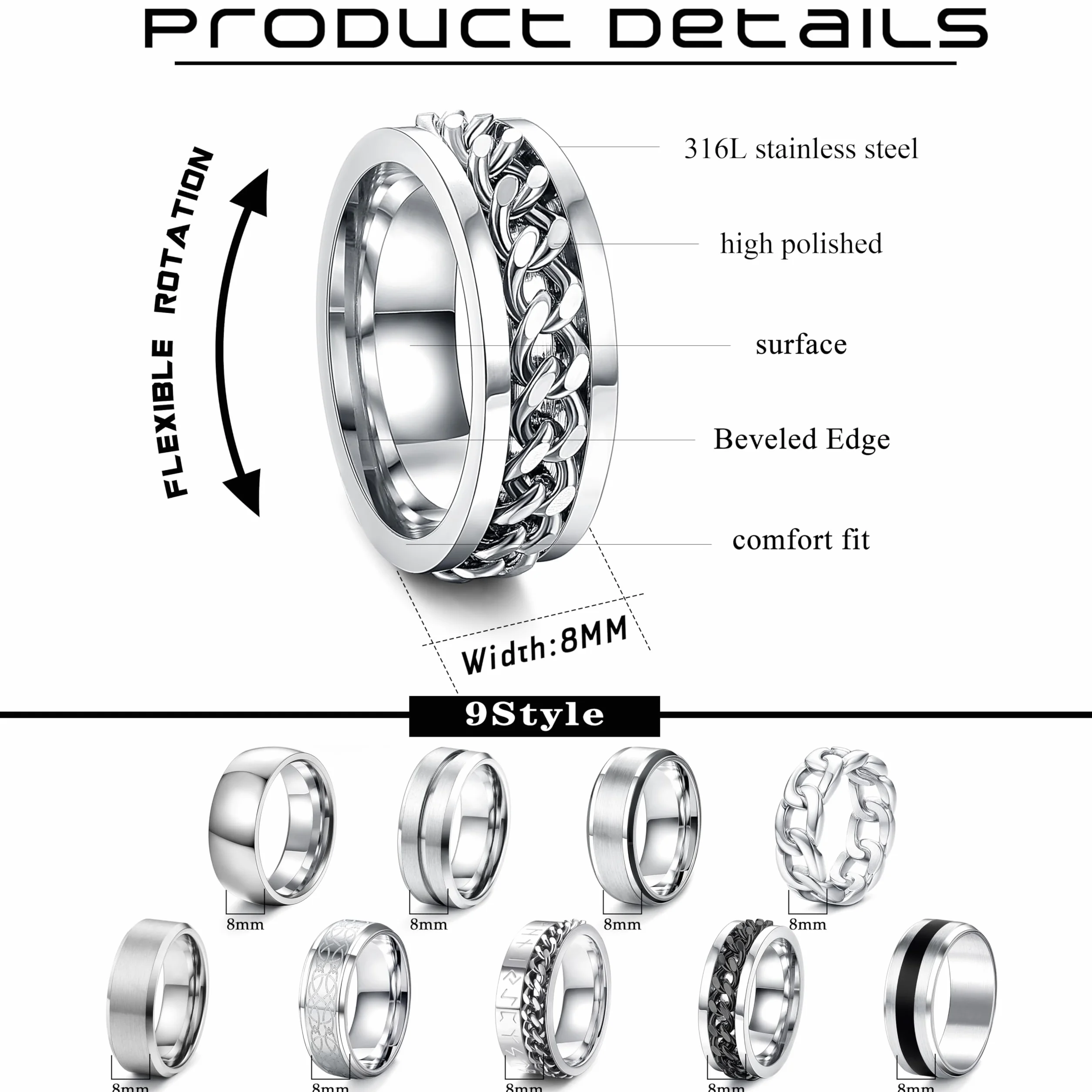 CASSIECA 12Pcs Pierścionki Męskie Srebrny Stal nierdzewna Zespół Otwieracz do butelek Pierścienie Przymierza Ślubne Pierścionek zaręczynowy Vintage Fidget Pierścień dla Mężczyzn Kobieta Urodziny