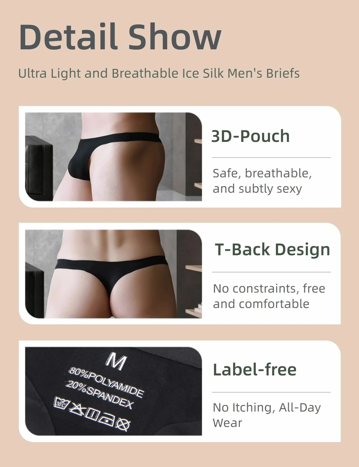 ohmydear Męskie stringi szykowne stringi lody jedwabne bikini z niskim stanem bielizna w dużych rozmiarach oddychająca bielizna seksowne bezszwowe stringi klasyczne męskie T-back z przezroczystą