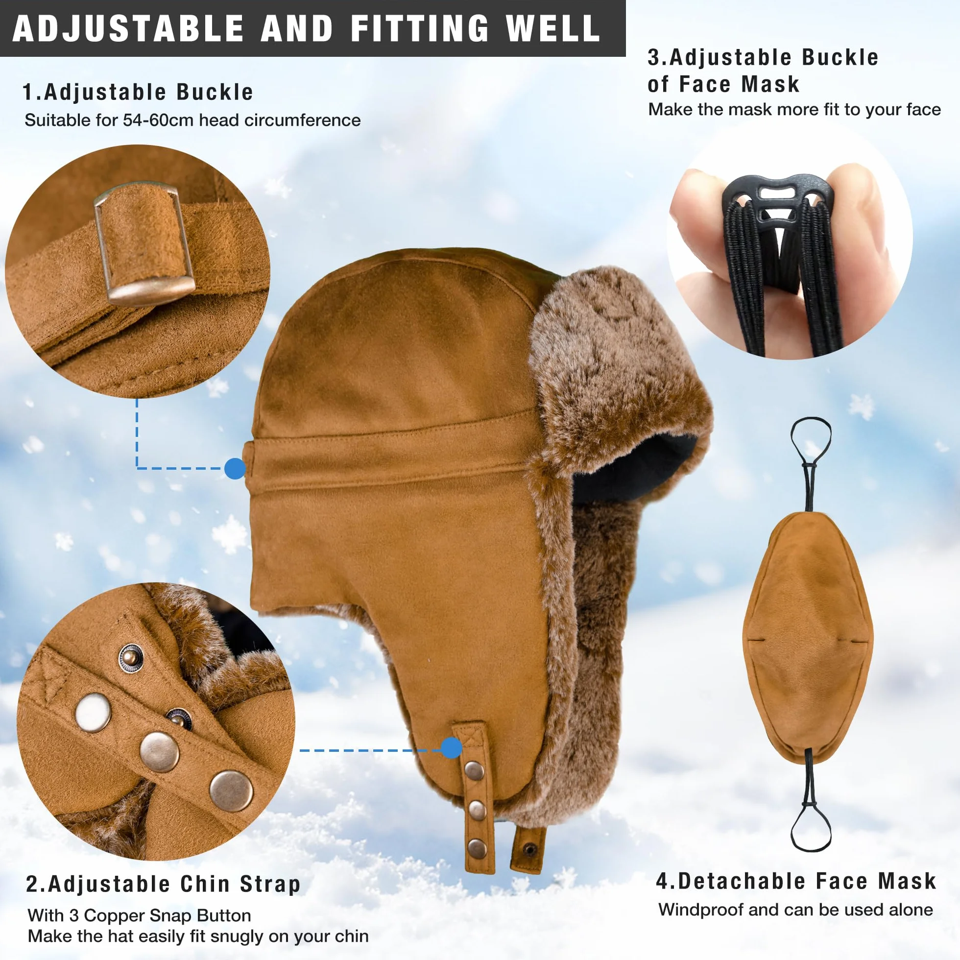 Unigear Ushanka kapelusz, czapki bombardierskie ciepła wiatroszczelna czapka zimowa z odpinaną maską do jazdy na rowerze, jazdy na nartach, snowboardzie, kempingu, turystyki pieszej