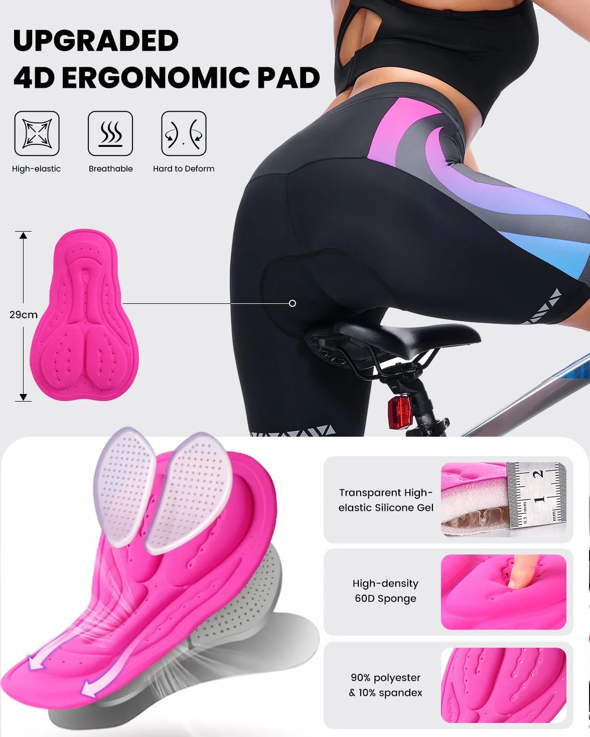 Sportneer Damskie spodenki kolarskie, wyściełane, szybkoschnące, elastyczne, z wyściółką do siedzenia 4D, damskie krótkie spodenki sportowe z szerszą i gęstszą wyściółką