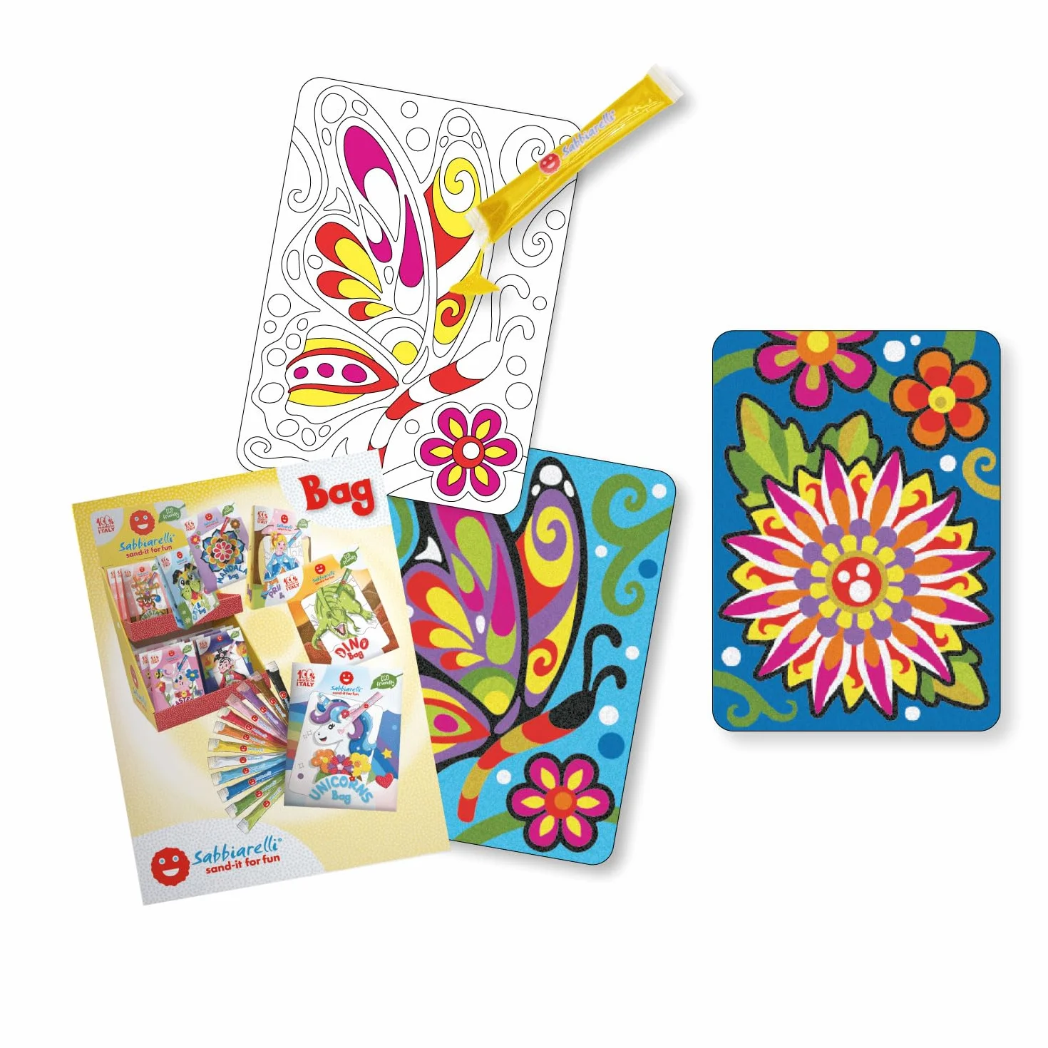 Sabbiarelli Sand-it For Fun – Bag Secret Garden | Mini Kit Sand Art z Kwiatem i Motylem 100% Made in Italy z Kolorowym Piaskiem i Rysunkami Samoprzylepnymi | Hobby 10+