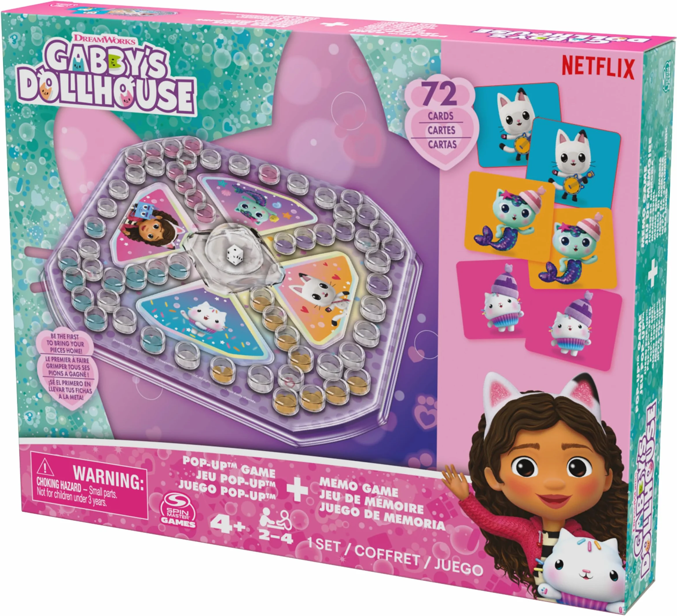 Gabby's Dollhouse Sorry Pop Up i Memo gra – dwie klasyczne gry w jednym zestawie, Sorry (Pachisi) z kostką pop-up i 72 kartami memo z popularnymi postaciami Gabby, od 4 lat, dla 2-4 graczy