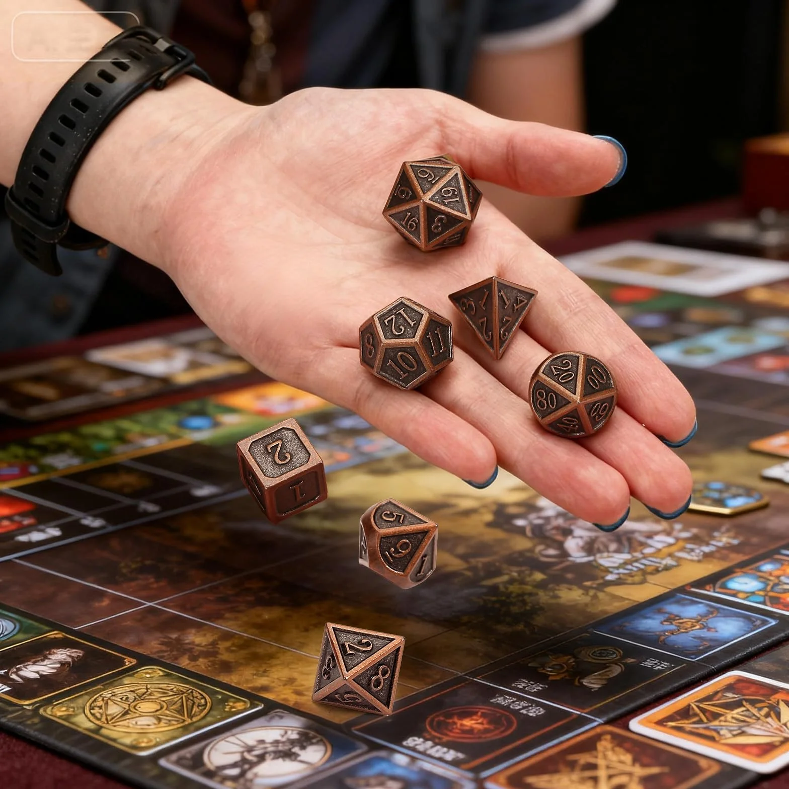 GWHOLE 7 sztuk wielościennych kostek metalowych, DND, zestaw kostek, kostka do gry, akcesoria do lochów i smoków, do RPG, MTG, odgrywania ról, antyczna miedź