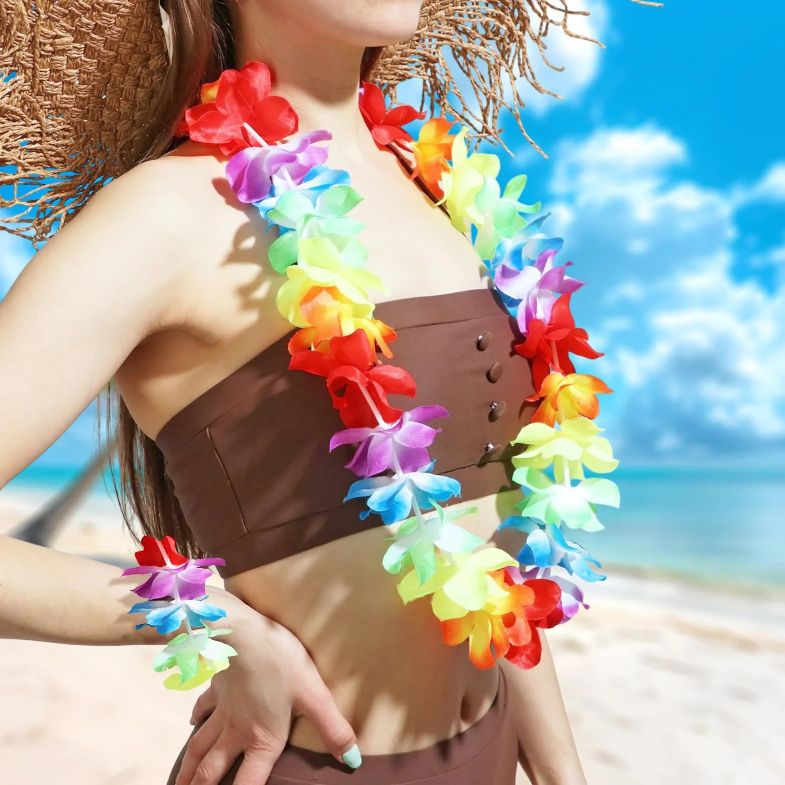 5-częściowy zestaw hawajskiej spódnicy hula, dekoracje imprezowe, fantazyjny kostium, girlanda, opaski na głowę, naszyjniki, bransoletki, spódnice z trawy, na tropikalną imprezę hawajską