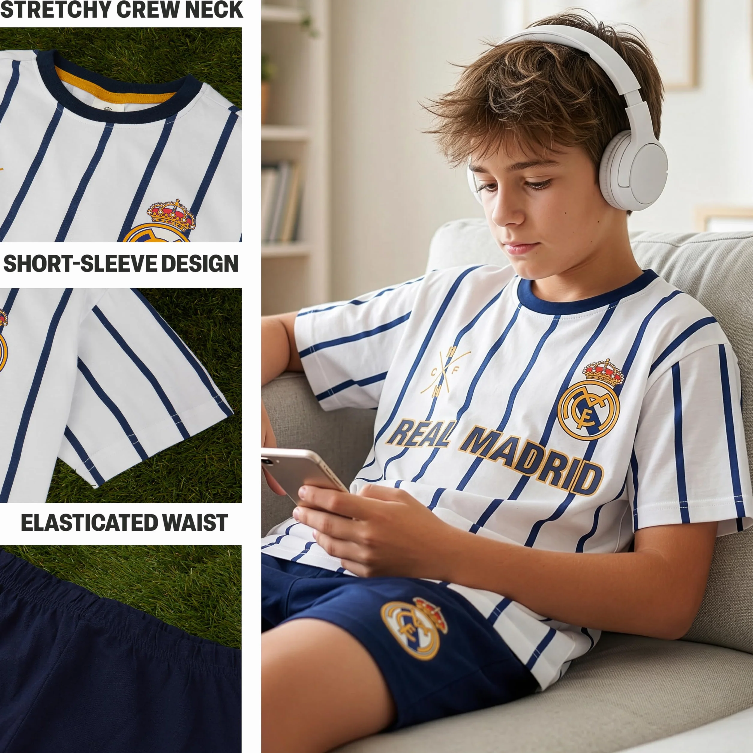 Get Trend Real Madryt | FC Barcelona Piżama chłopięca Letni zestaw chłopięcy T-shirt z krótkim rękawem i szorty 100% bawełna, bielizna nocna, prezent piłkarski