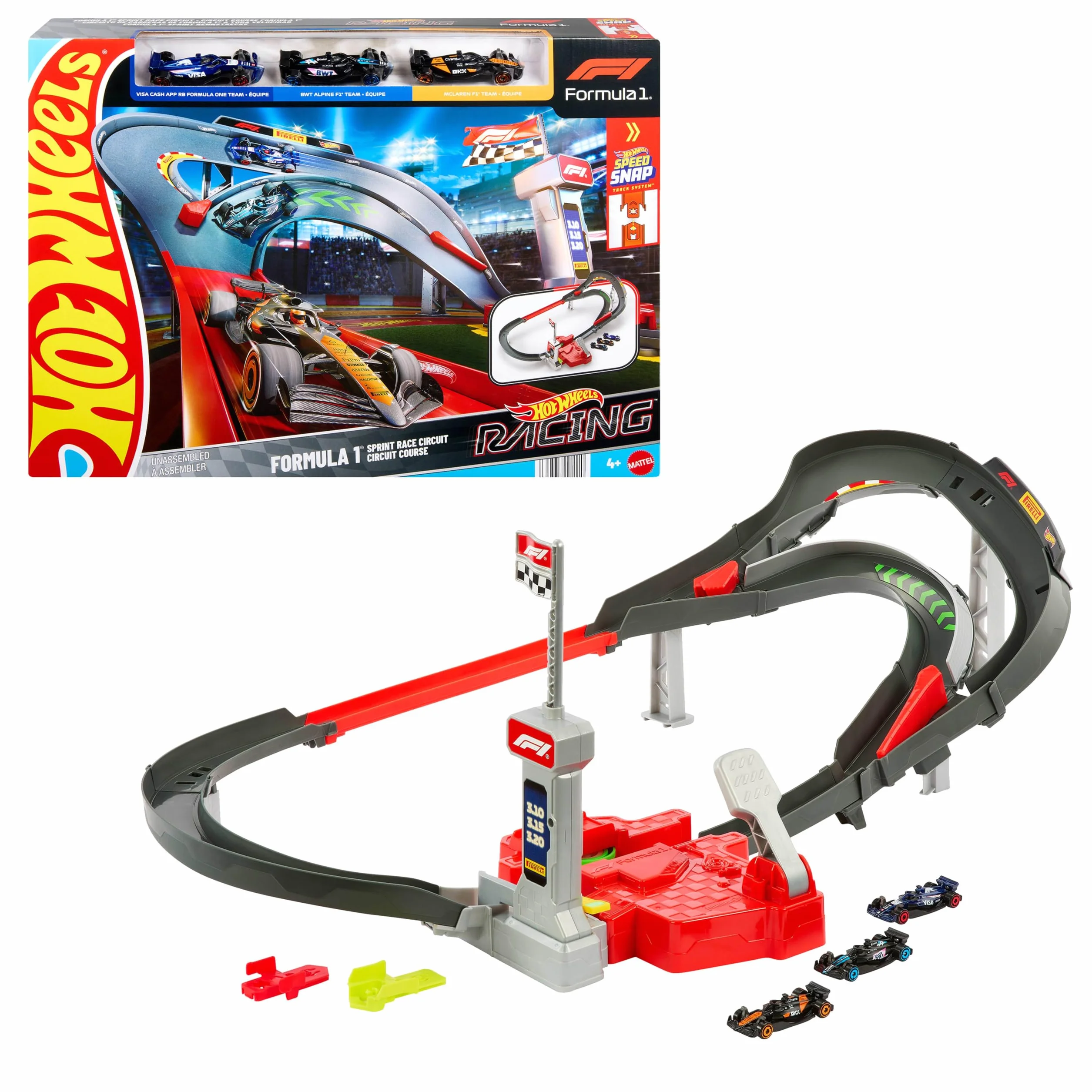 Hot Wheels Racing Formuła 1 Tor wyścigowy Sprint F1 Zestaw do zabawy + 3 metalowe samochody zabawki w skali 1:64 drużyn McLaren, Alpine i VCARB, zabawka dla dzieci 4+, JDY15