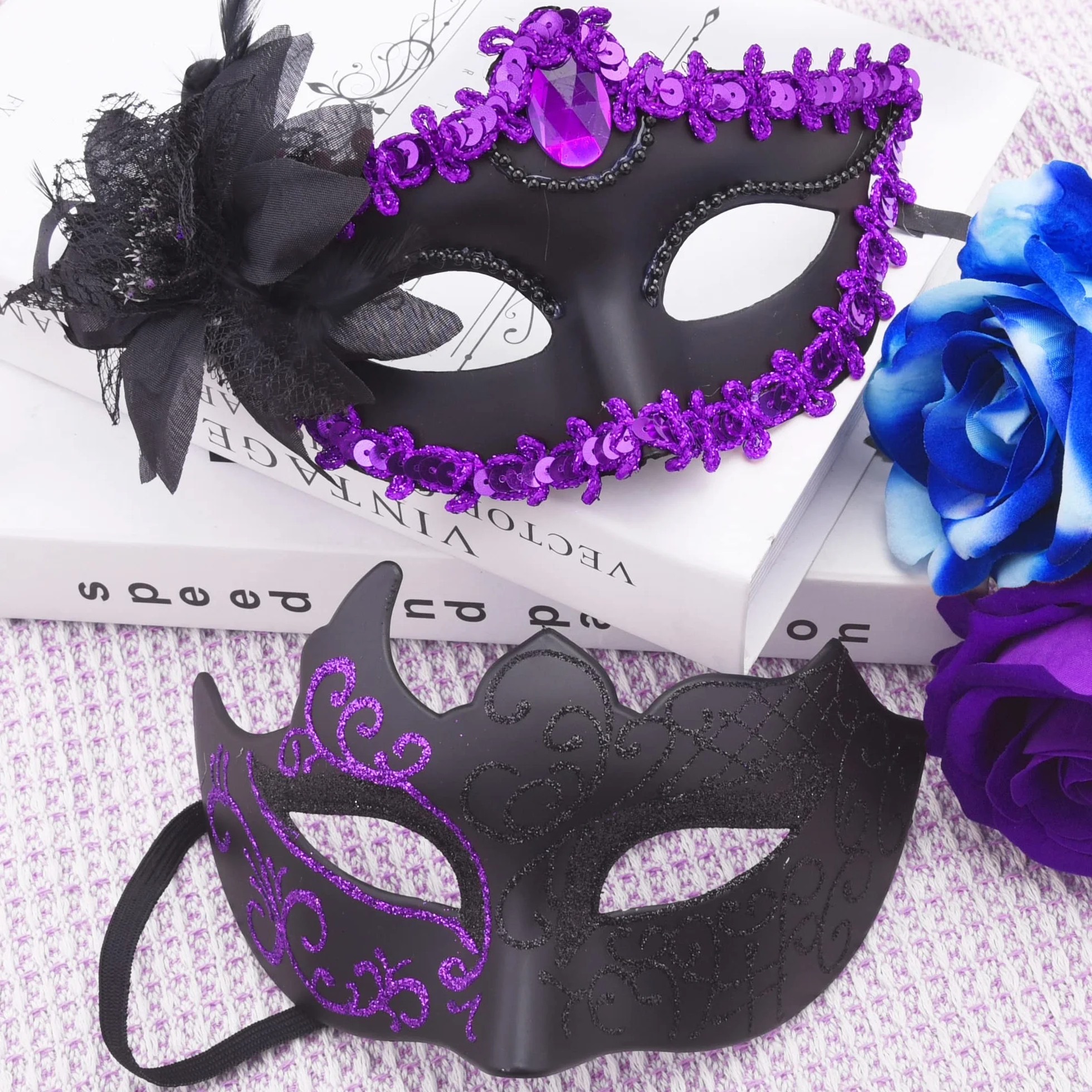 SIQUK 2 sztuki maska wenecka dla par maskaradowych maska na studniówkę maskaradę wenecką dla kobiet mężczyzn na Halloween maskaradę, czarna i fioletowa