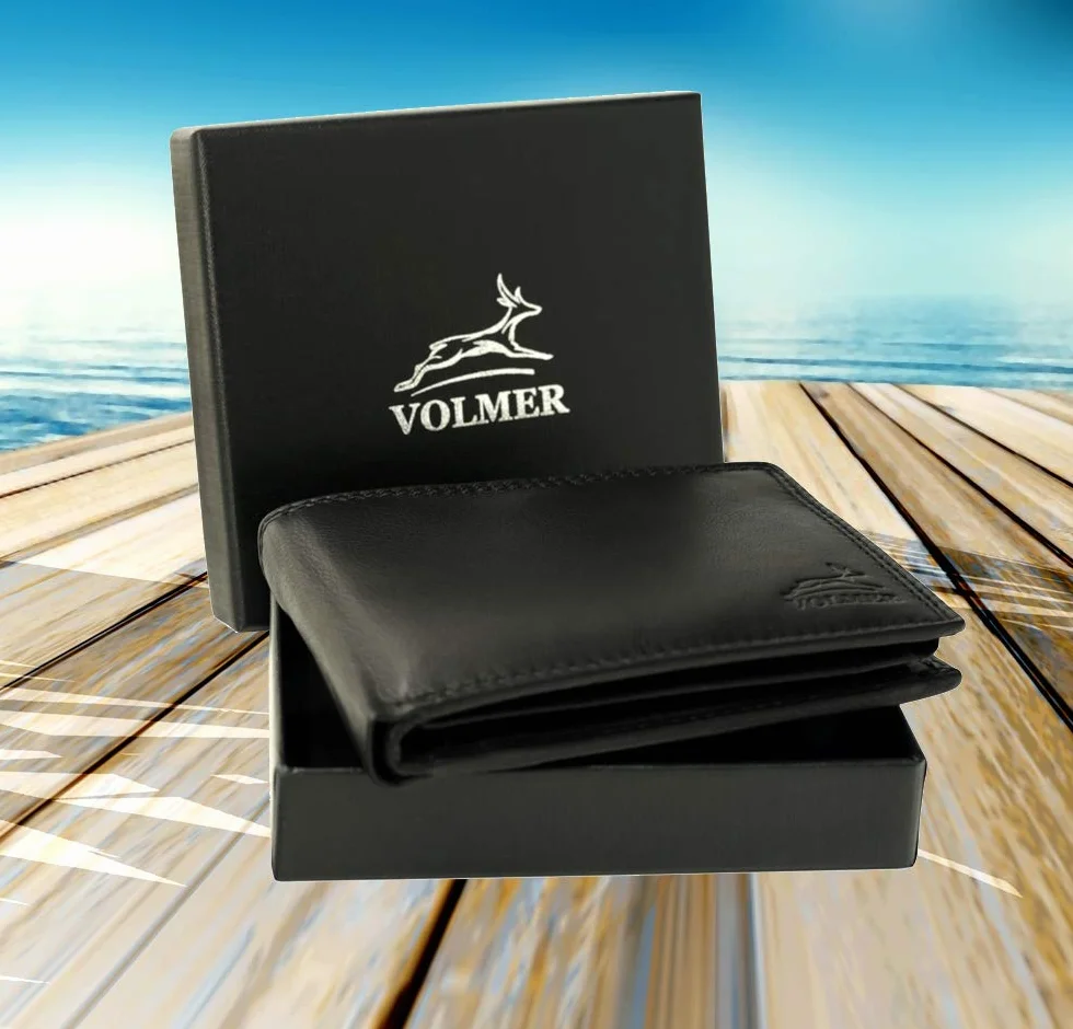 Fa.Volmer Męski brązowy/czarny skórzany portfel z ochroną RFID Prawdziwa skóra Portfel Używany wygląd # VO19, Czarny (Black), Trifold, Trifold