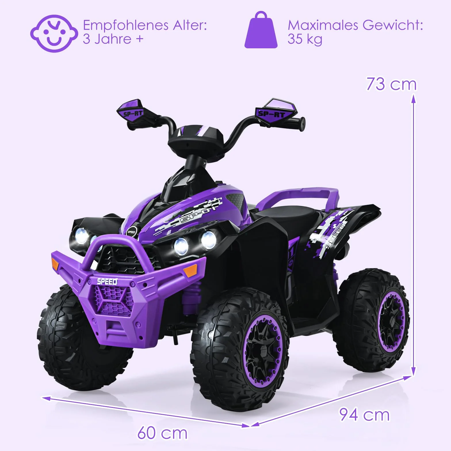 COSTWAY Elektryczny quad dziecięcy 12V, elektryczny quad z muzyką, klaksonem i reflektorami LED, quad dziecięcy 2,2-4,3 km/h, samochód dziecięcy dla małych dzieci od 3 lat (fioletowy)
