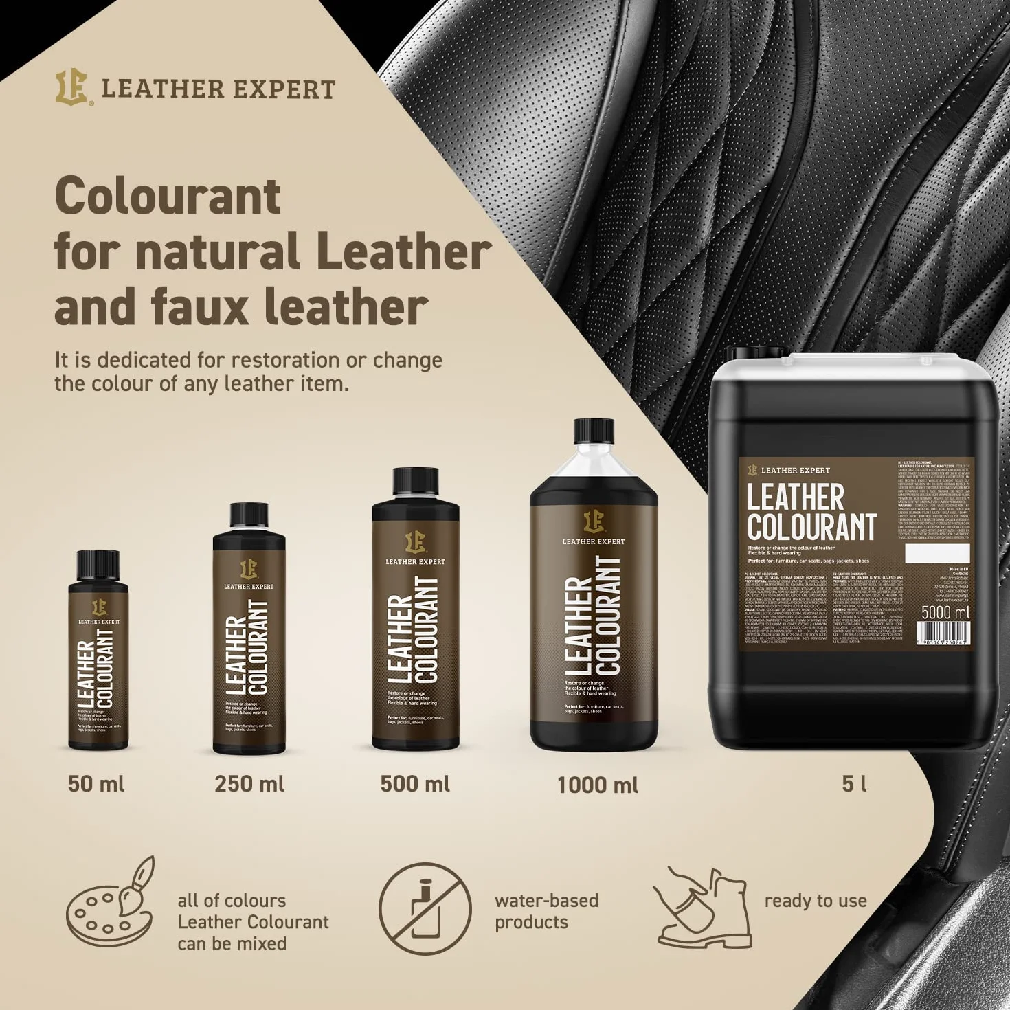 Leather Expert Barwnik do Skór - Gotowy do Użycia, Wysokiej Jakości - Czarny, 50 ml