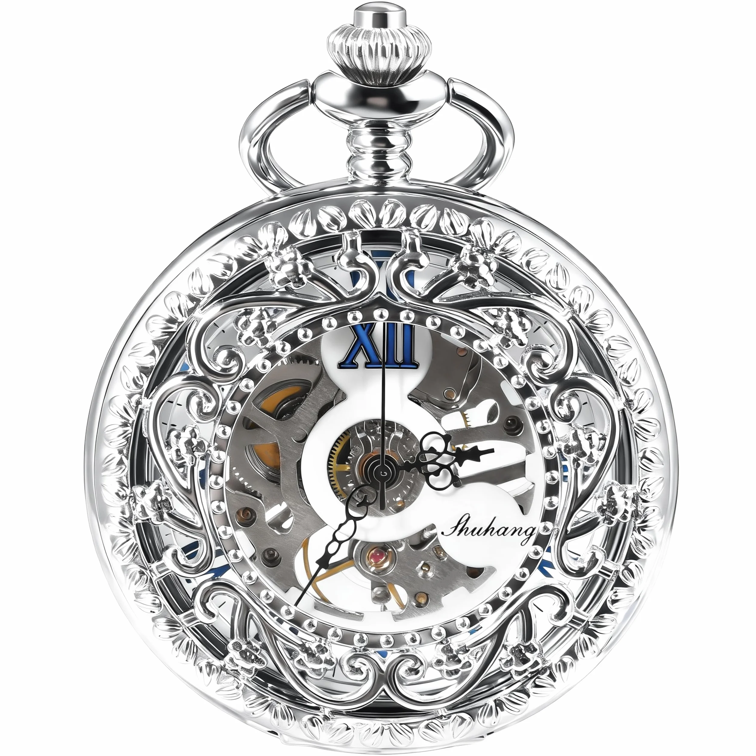 TREEWETO Mekaniczny klin zegarek zegarki kieszonkowe steampunk szkielet retro wisiorek zegarek kieszonkowy zegarek klin złoty zegarek kieszonkowy, srebrny, Srebrny
