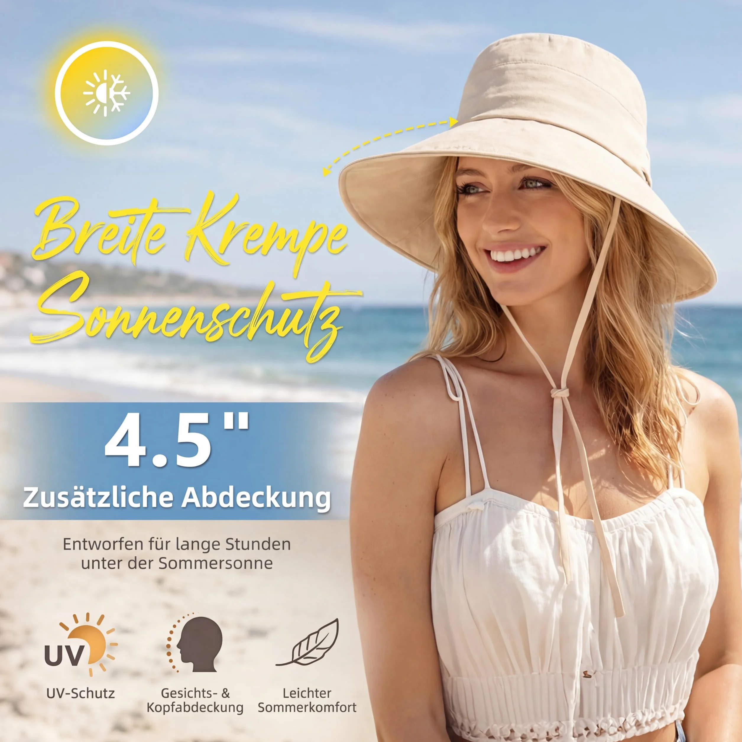 Comhats ChicPony™ damski kapelusz przeciwsłoneczny z szerokim rondem, ochrona przed promieniowaniem UV, kapelusz damski, na lato, składany, bawełna, len, kapelusz plażowy