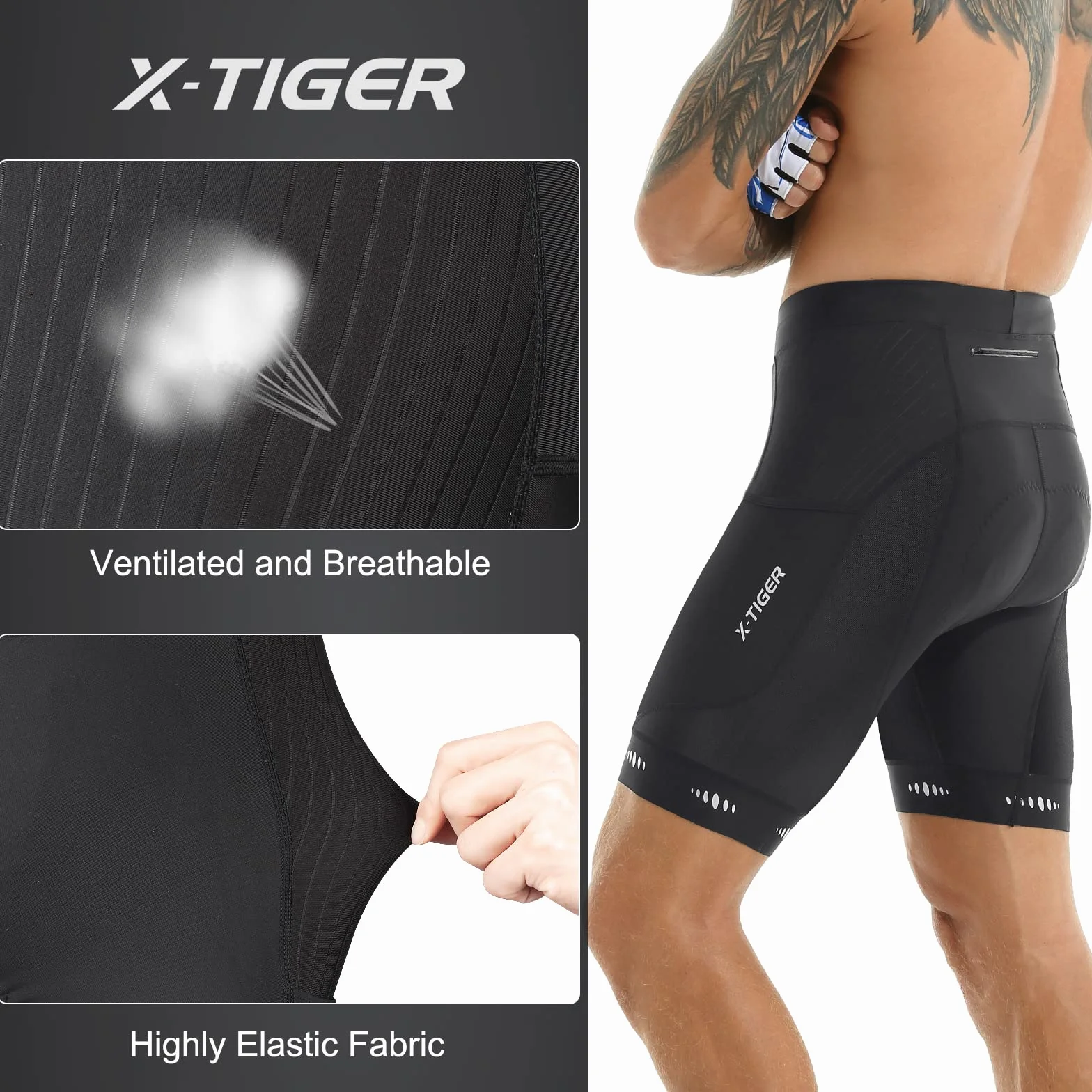 X-TIGER Męskie spodnie rowerowe z wyściółką 5D, spodnie rowerowe, oddychające, szybkoschnące, z 3 kieszeniami, 801 czarny, XL