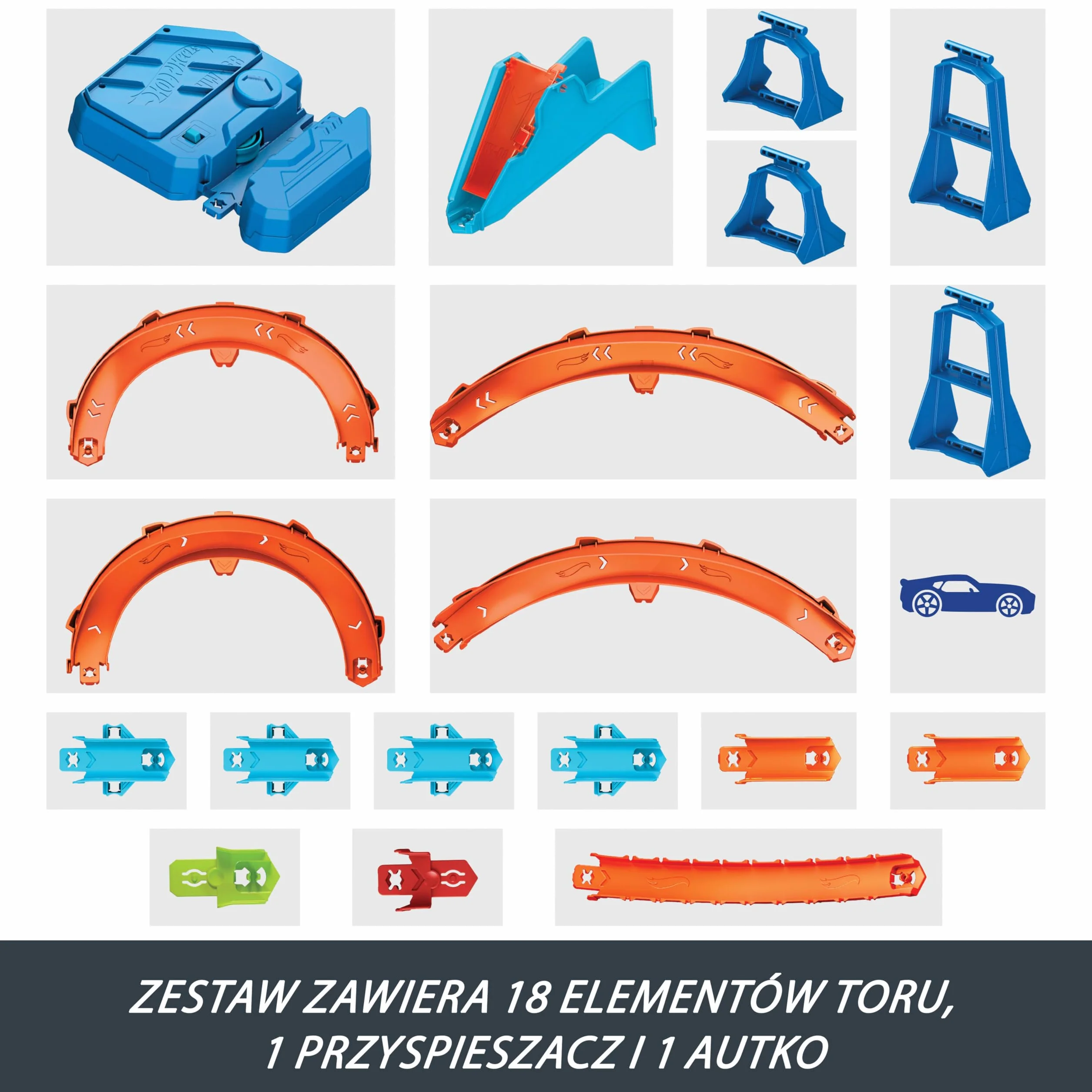 Hot Wheels Track Creator Tor wyścigowy Super skok Zestaw deluxe z przyspieszaczem z napędem + samochód do zabawy w skali 1:64; tor Speed Snap Szybki klik, zabawka dla dzieci 5+, JDB49